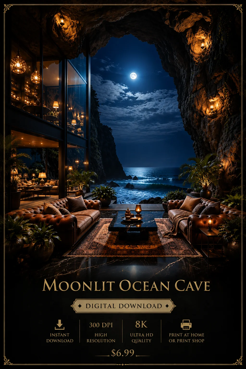 Moonlit Ocean Cave Printable Wall Art Digital Download Luxury Coastal Decor 8K Ocean Escape product image (1)