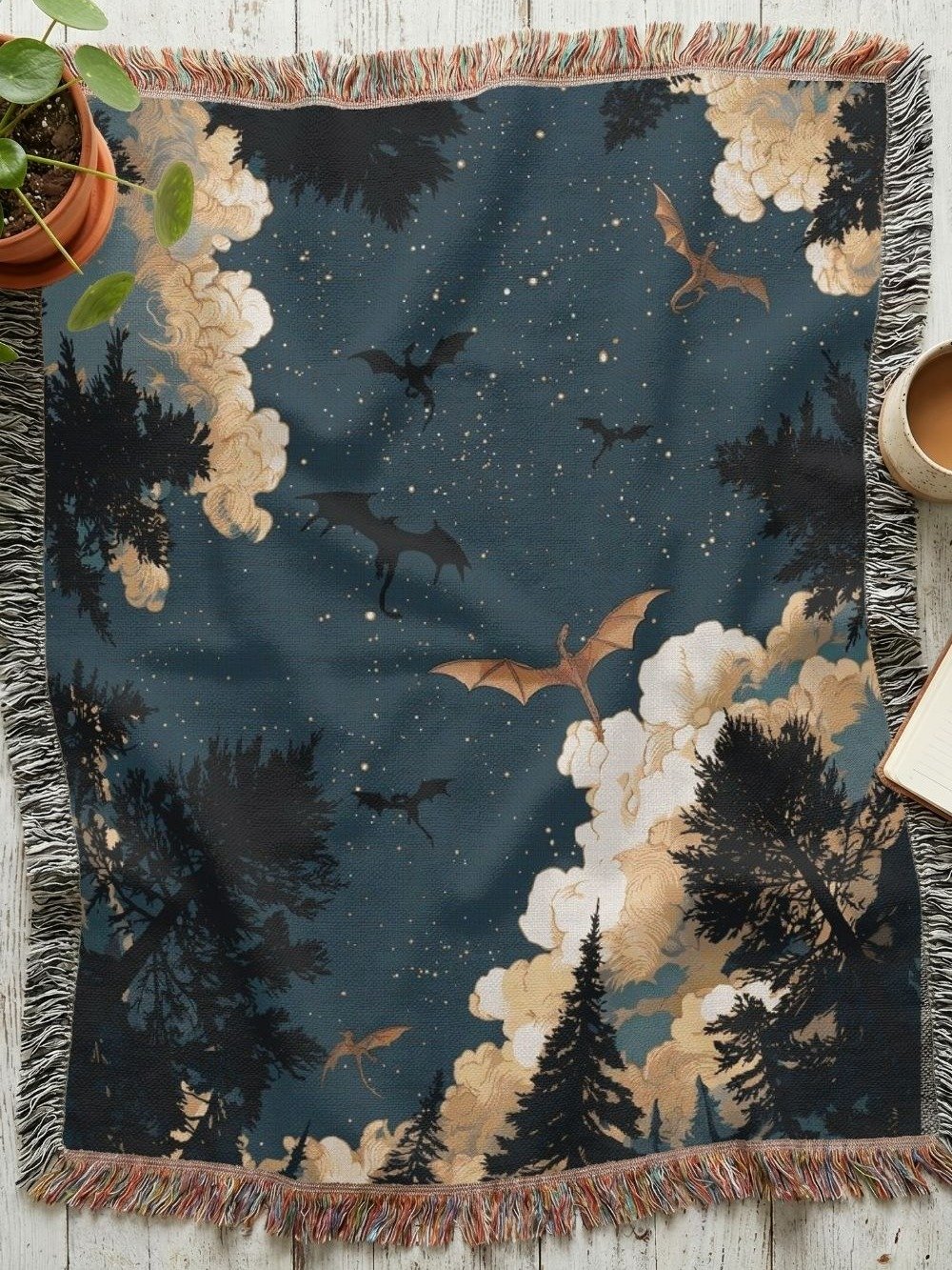Dark Academia Dragon and Stars Woven Throw – Celestial Woodland Tapestry Blanket product image (1)