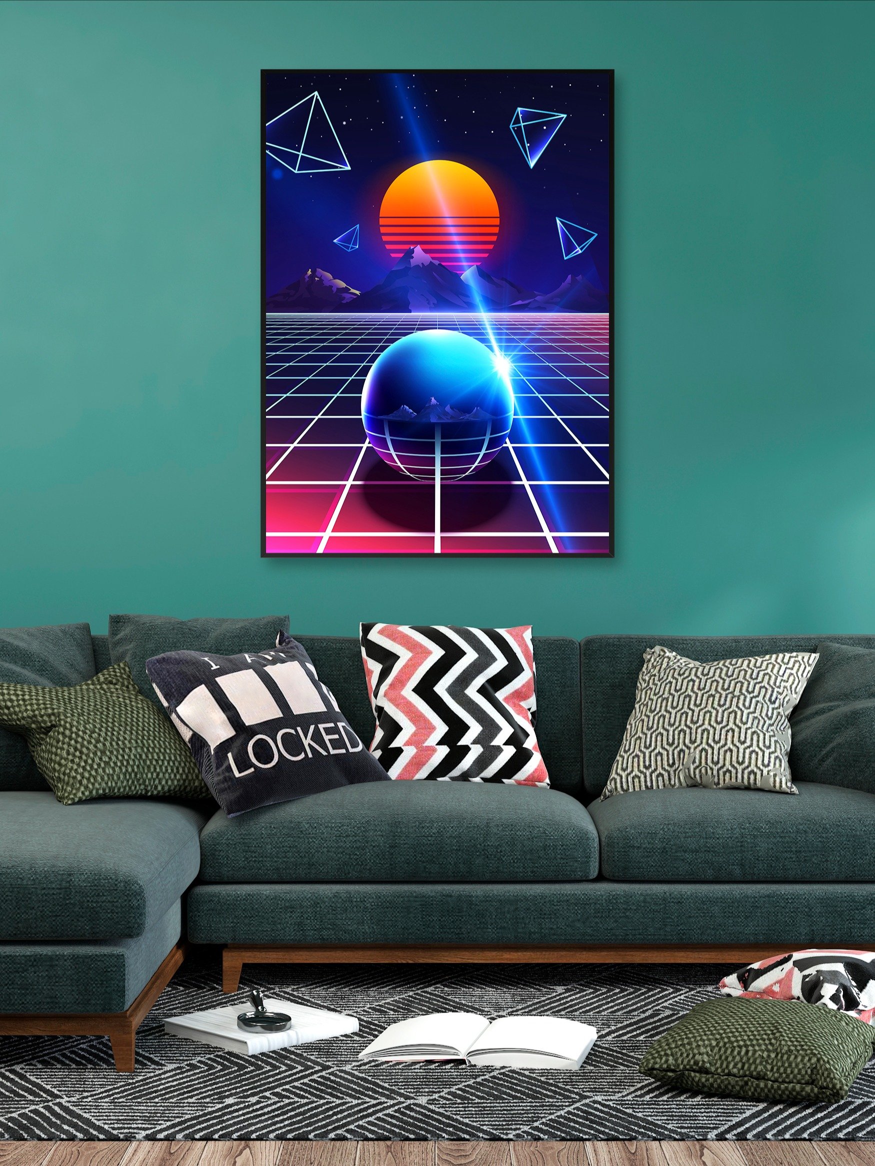 Neon sunset, mountains and sphere [synthwave/vaporwave/cyberpunk] — aesthetic art print product image (2)