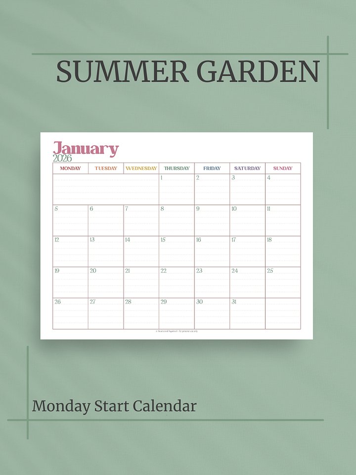 Summer Garden 2026 Calendar - Single Page per Month, Monday Start, Letter Size product image (1)