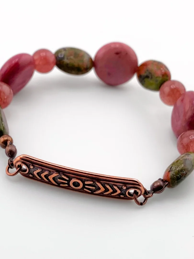 Unakite, Strawberry Quartz, Rhodonite, and Copper Bull’s Head Fringe Necklace and Earrings Set product image (4)