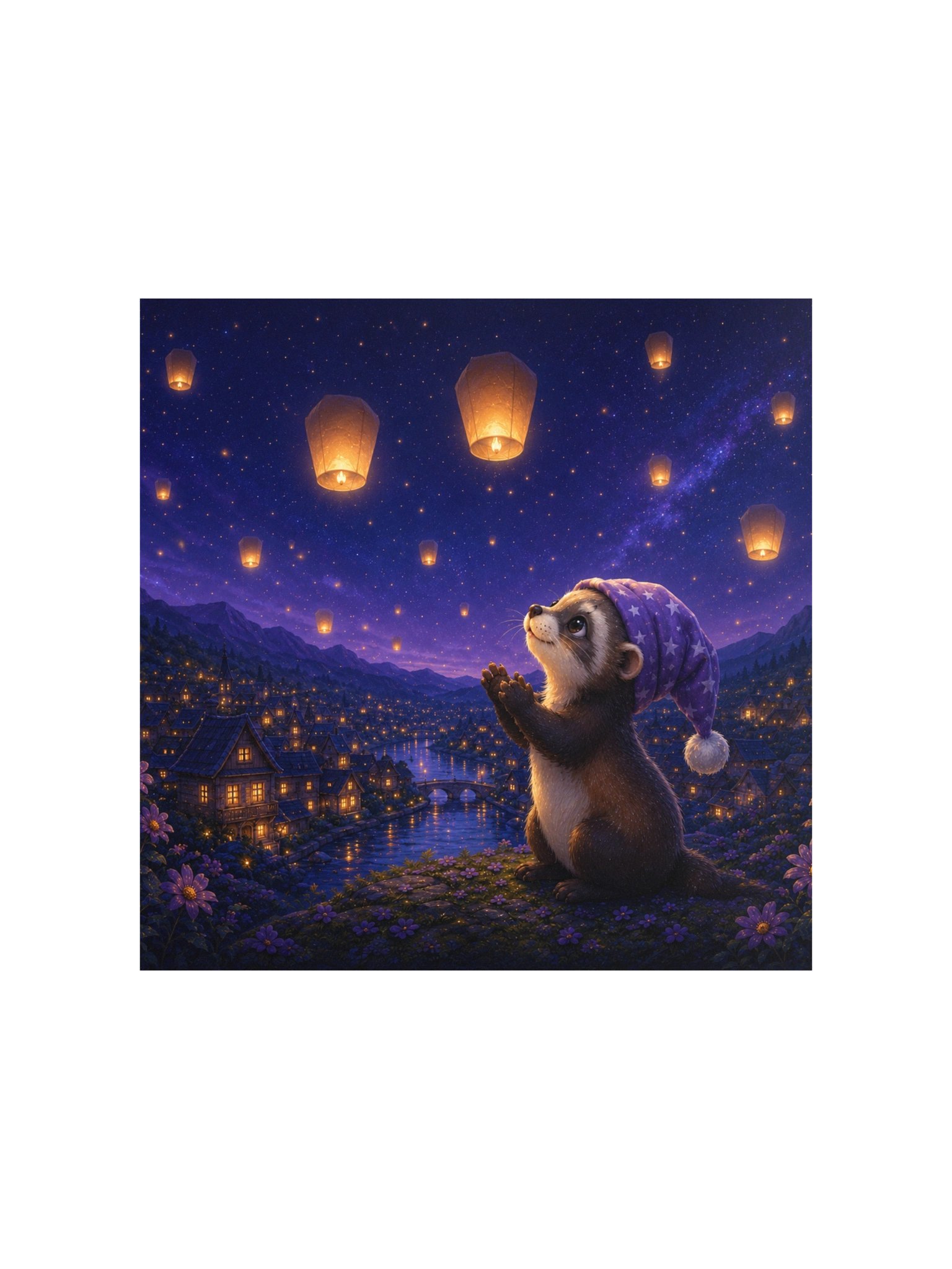 Lantern Wishes Ferret Square Art Print | Moonlit Dreams product image (1)