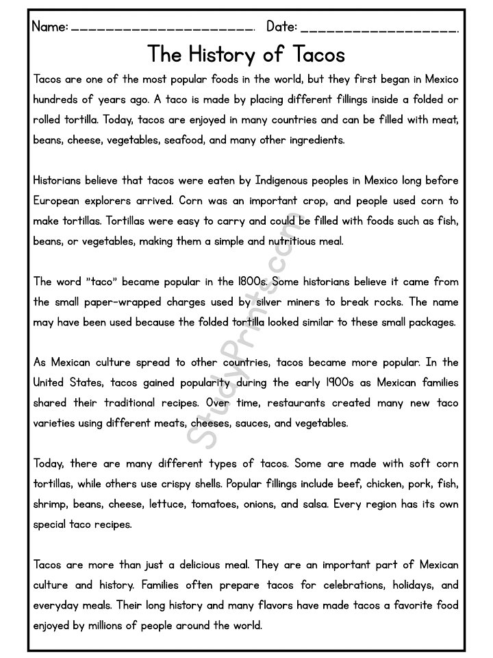 The History of Tacos Reading Comprehension Passage and Questions | Printable PDF product image (2)