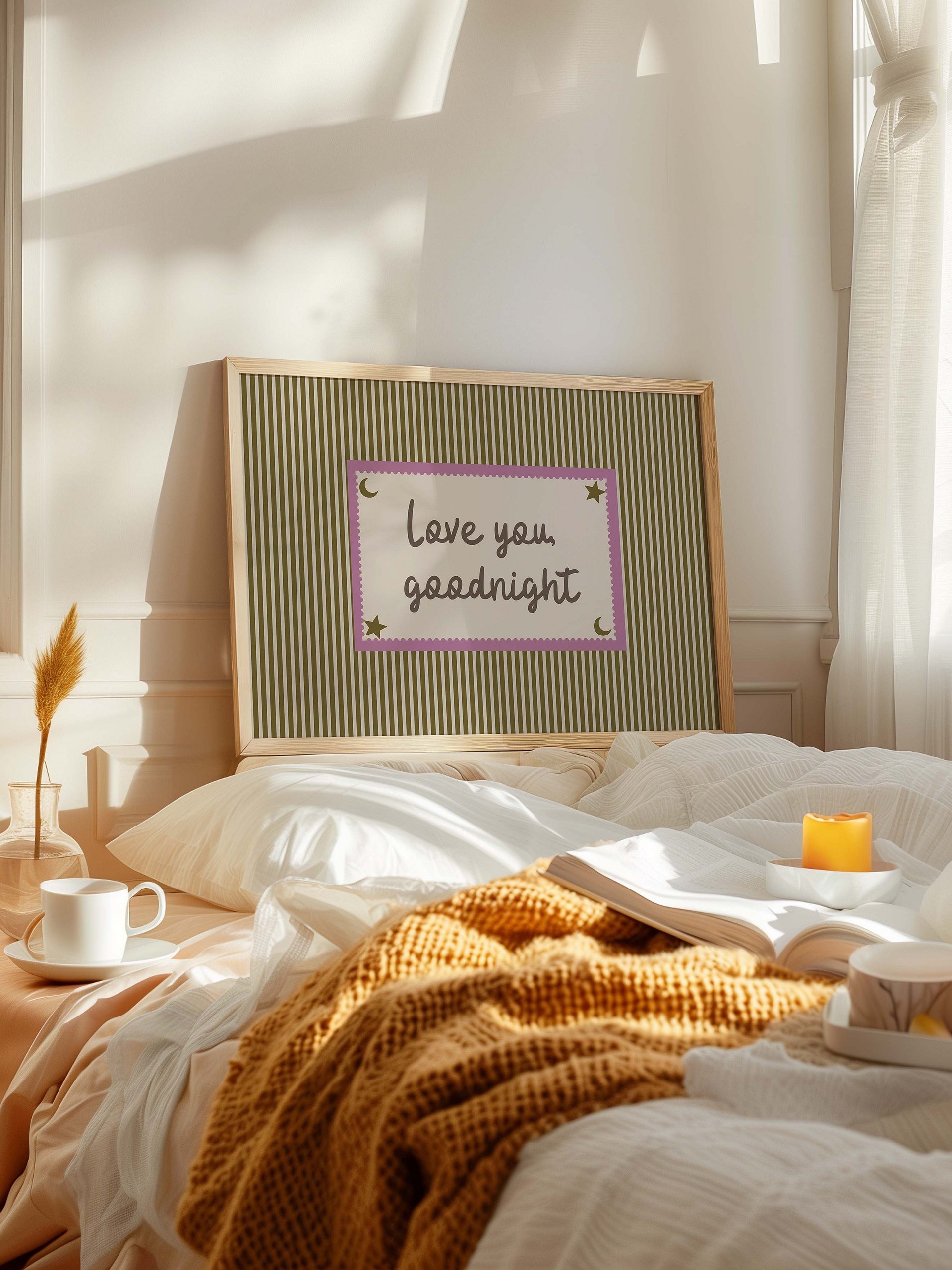 Love You Goodnight Print, Retro Striped Moon Star Wall Art, Handwritten Quote, Neutral Nursery Bedroom Decor, Horizontal Digital Download product image (3)