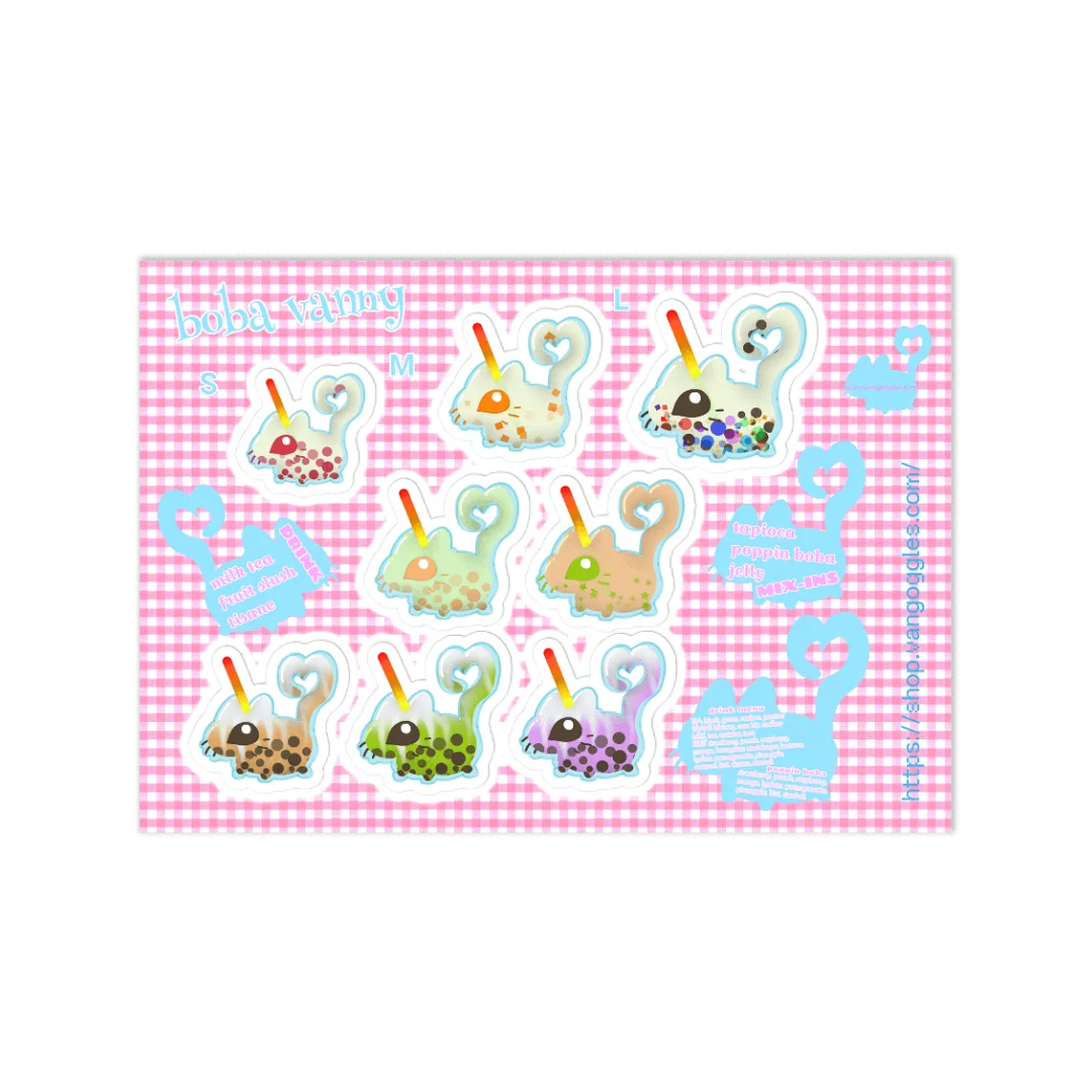 boba vanny menu bubble tea vannies sticker sheet product image (1)
