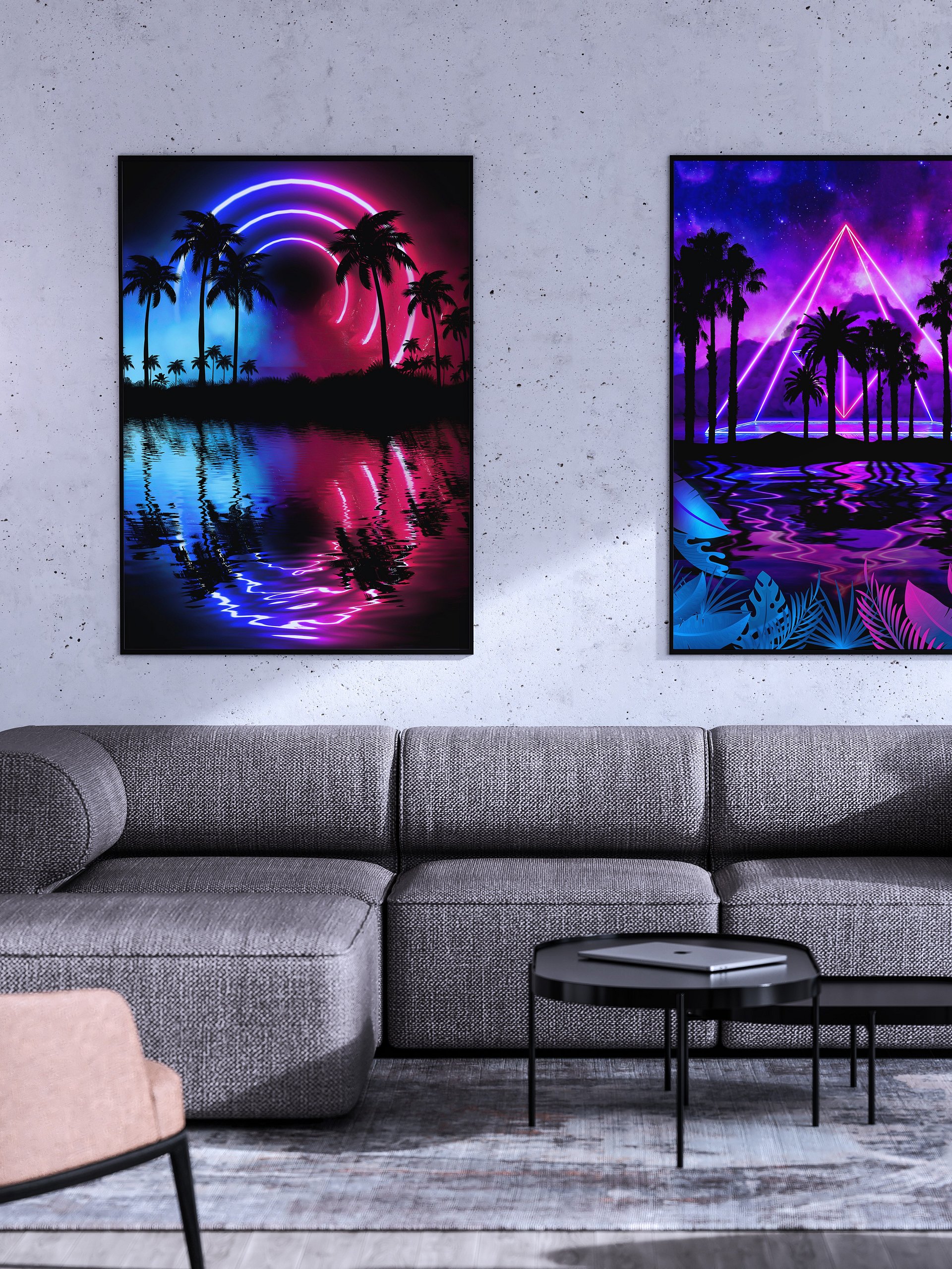 Neon landscape: Palms & Arc [synthwave/vaporwave/cyberpunk] — Aesthetic retrowave poster product image (7)