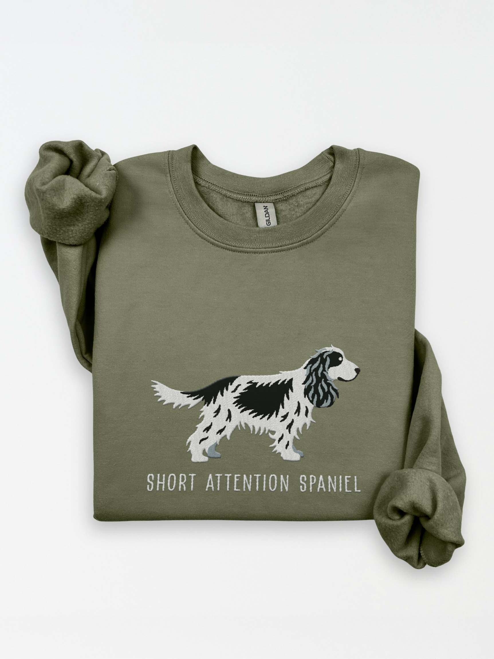 Short Attention Spaniel Sweatshirt (Embroidered) of an English Cocker Spaniel(Black & White, Full Tail) product image (1)