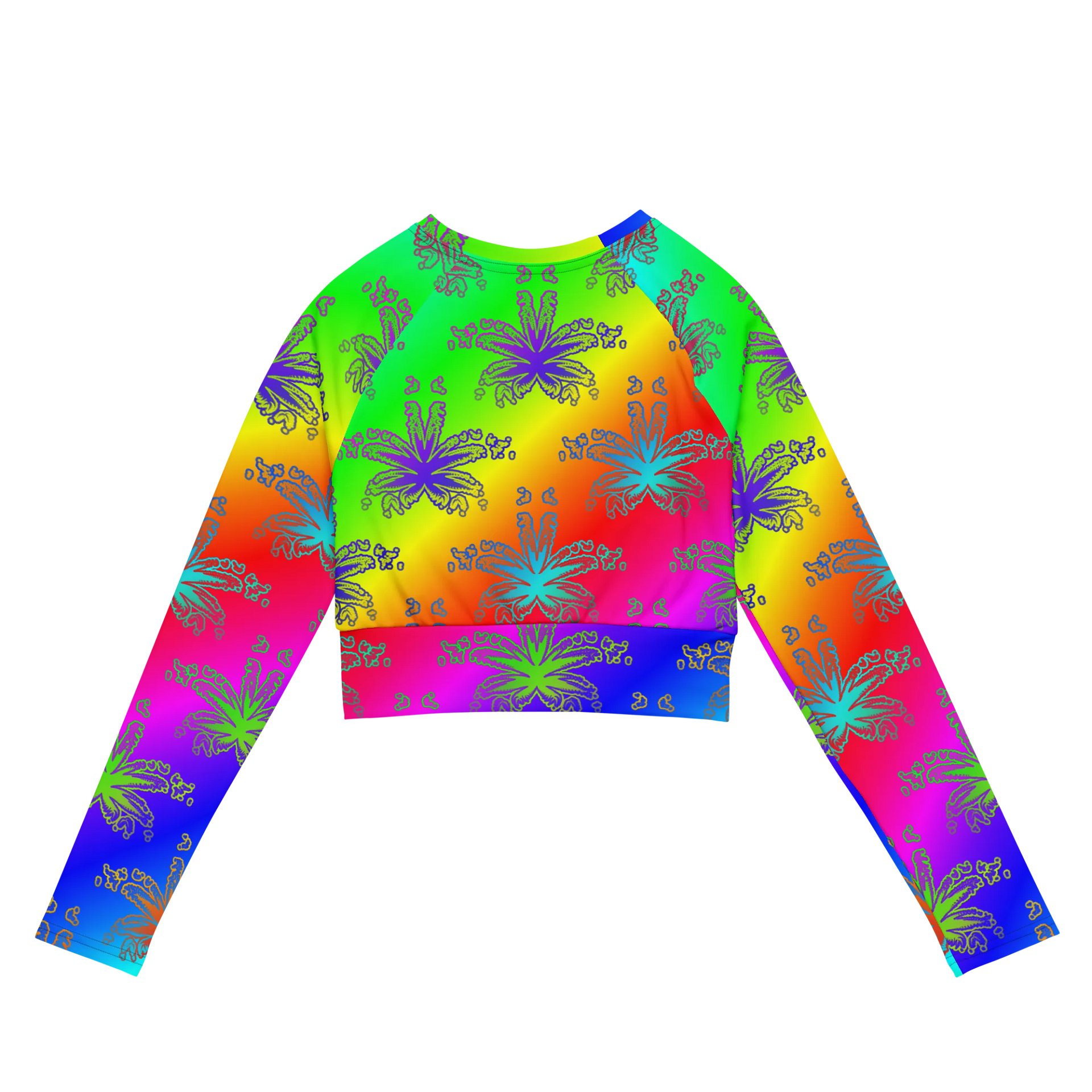 Reefer Rainbow Rave Recycled Long-Sleeve Crop Top, 420 Festival Fashion, Summer Stoner Shirt, Cannabis Queer Pride LGBTQIA+ Art Clothing product image (3)