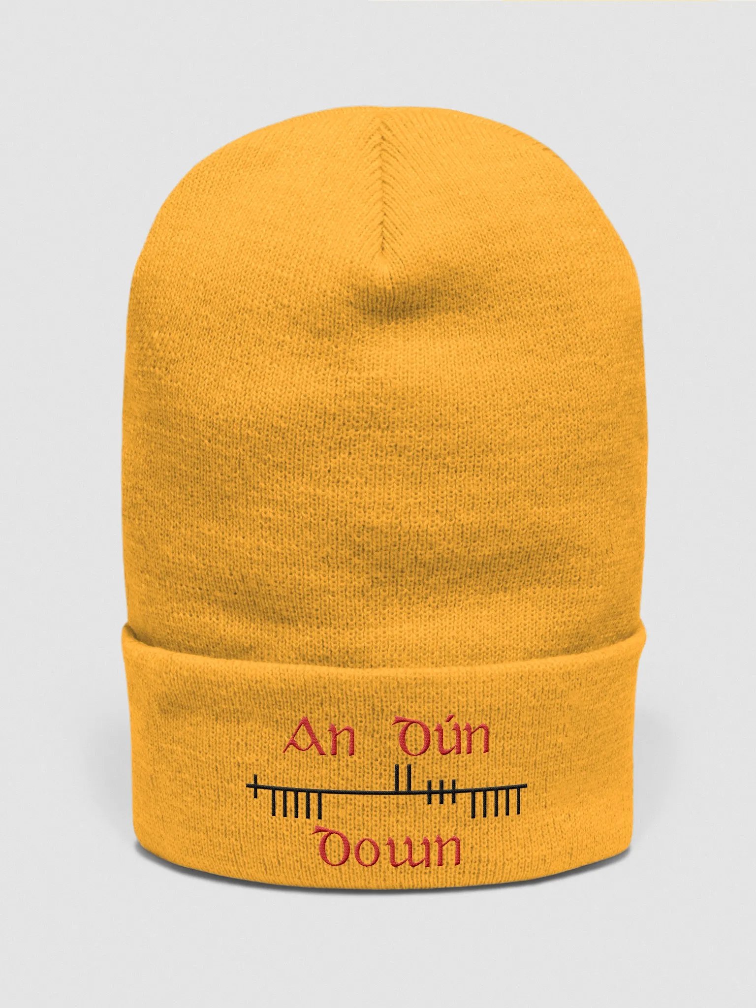 Down/An Dún, Gold with red and black, Orthodox style Ogham embroidered cuffed Beanie product image (1)