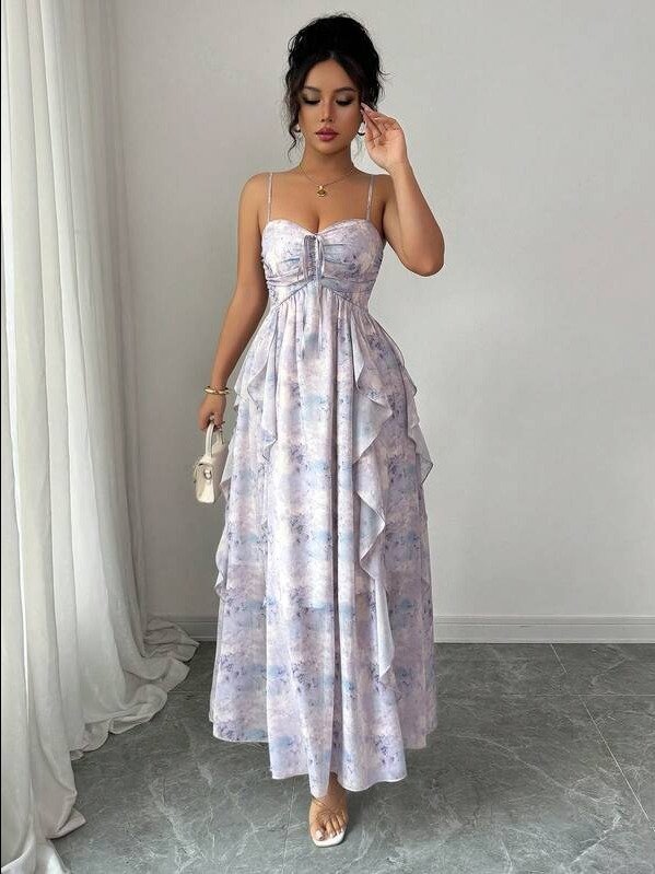 ADLEST Elegant Sleeveless Drawstring Waist A-Line Asymmetrical Tie Dye Color Printed Dress, Suitable For Beach, Spring/Summer product image (1)