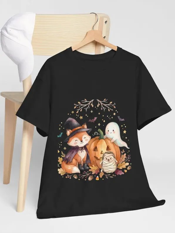 Cute Fox Witch, Ghost & Pumpkin Tee | Halloween Animal Costume Shirt product image (2)