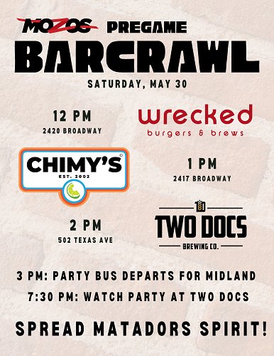 We're running back the Mozos Pregame Bar Crawl! 👟

Join us at Wrecked, Chimy's, and Two Docs this Saturday before we depart f...