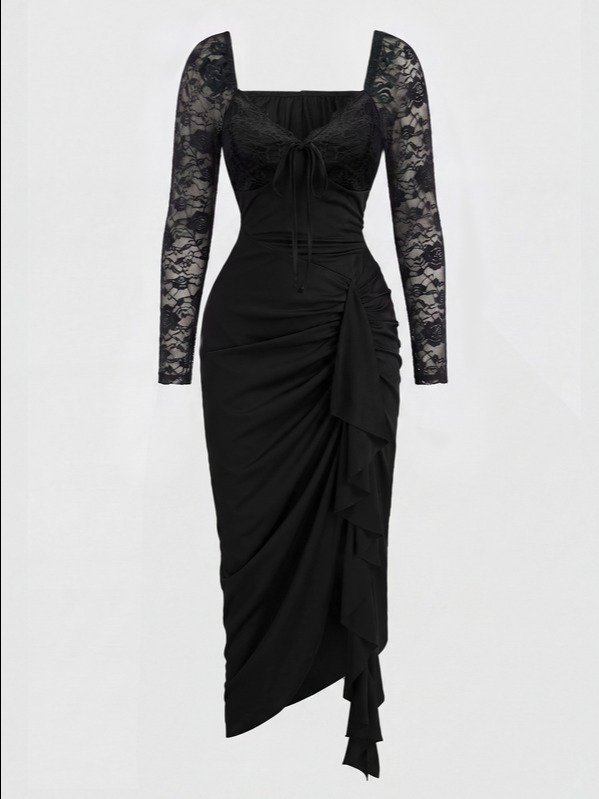 Sweetra Casual Elegant Minimalist Sexy French Pleated Regular Hem Bandeau Ruffle Sleeve Sweetheart Neck Square Neck Midi Tulip Dress For Date Party Cocktail Party Black Summer product image (4)