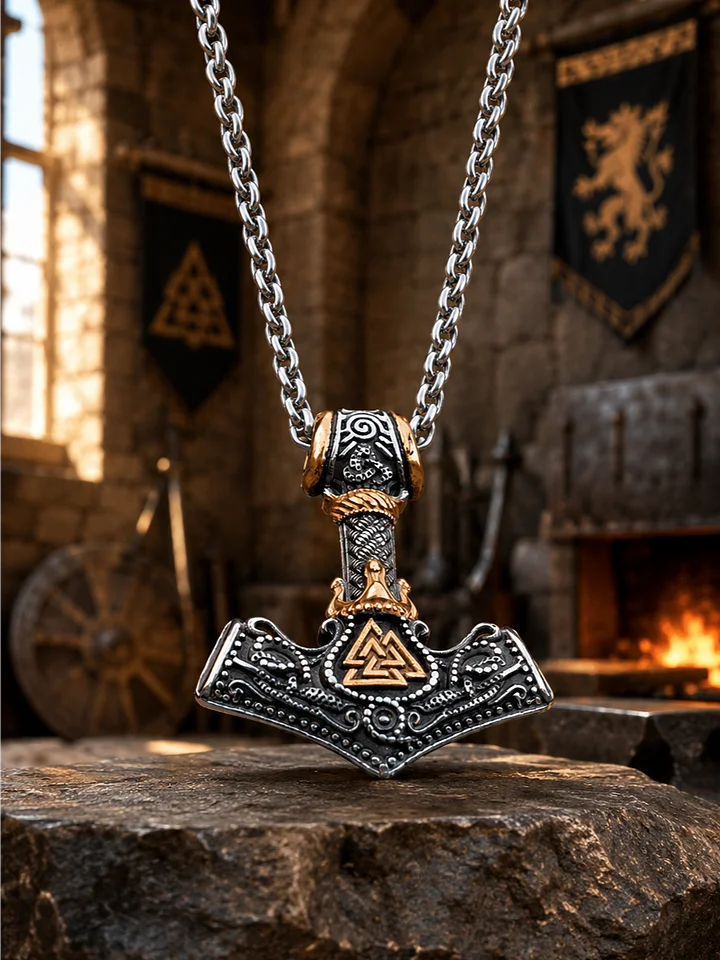 The Armored Kingdom King Thor's Hammer with Valknut Necklace-Mjölnir-Rune-Durable product image (1)