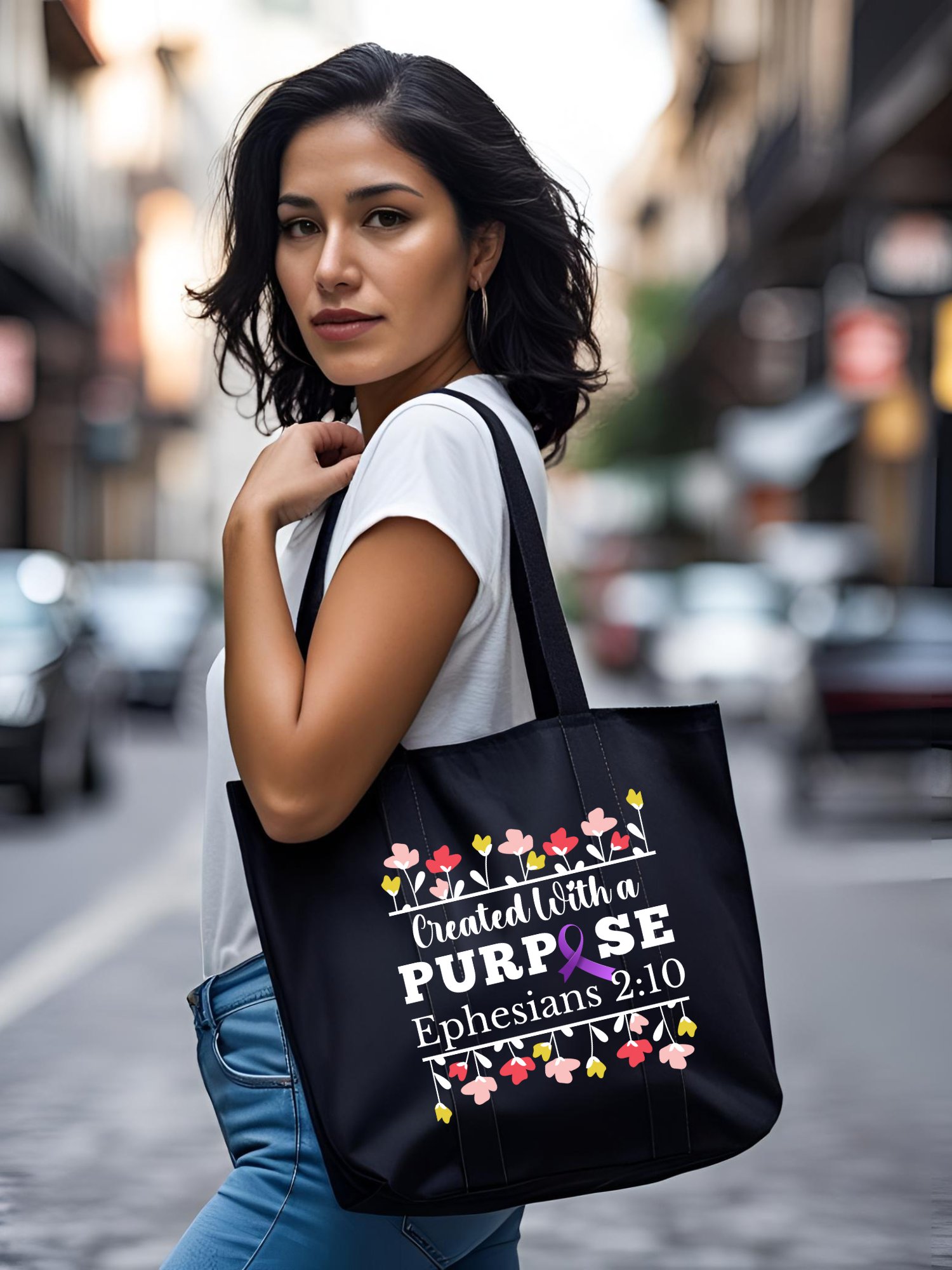 Created With A Purpose : Purple Ribbon Alzheimer's Awareness | Floral Eco Tote Bag product image (1)