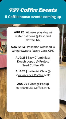 Here’s a few coffeehouse events coming up in the 757. Head to @eastendcafeva for a family play day, @_gingersweets for a Poké...
