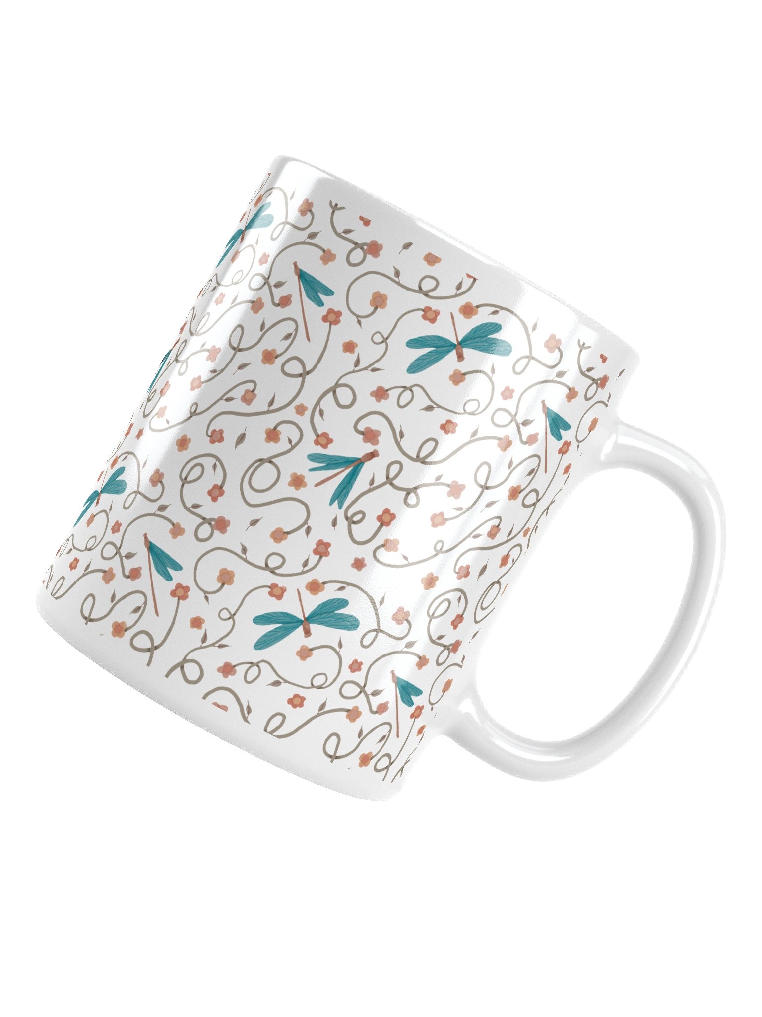 White glossy mug with dragonfly and floral pattern. Artistic nature inspired design product image (5)