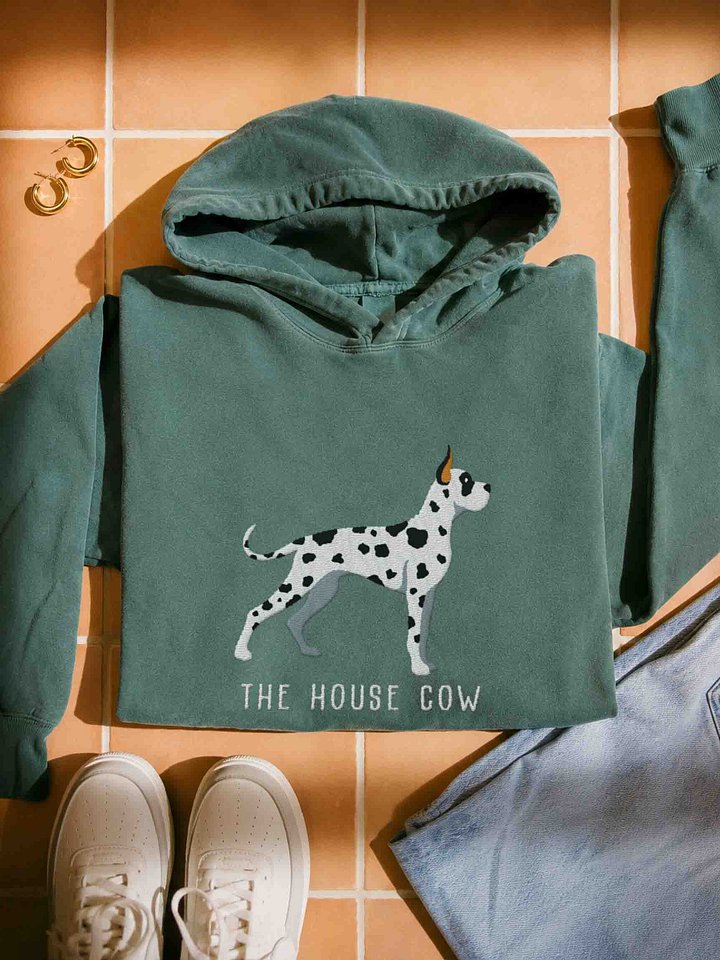 The House Cow Premium Hoodie (Embroidered) of a Great Dane(Harlequin, Cropped Ears) product image (1)