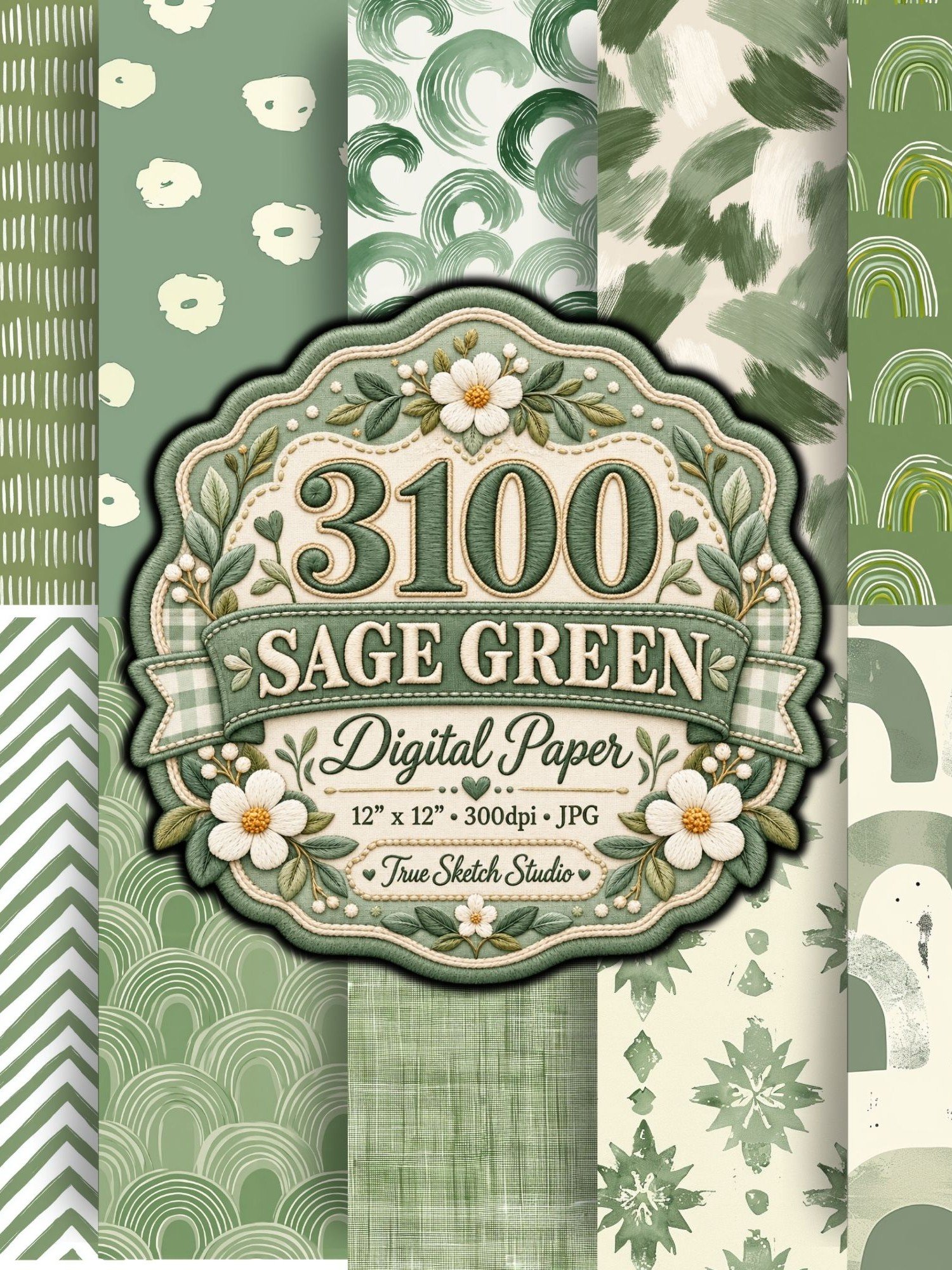3100 Sage Green Digital Paper Bundle, Floral Botanical Scrapbook Paper, Daisy Gingham Designs, 12x12 JPG, Printable Junk Journal Backgrounds product image (7)