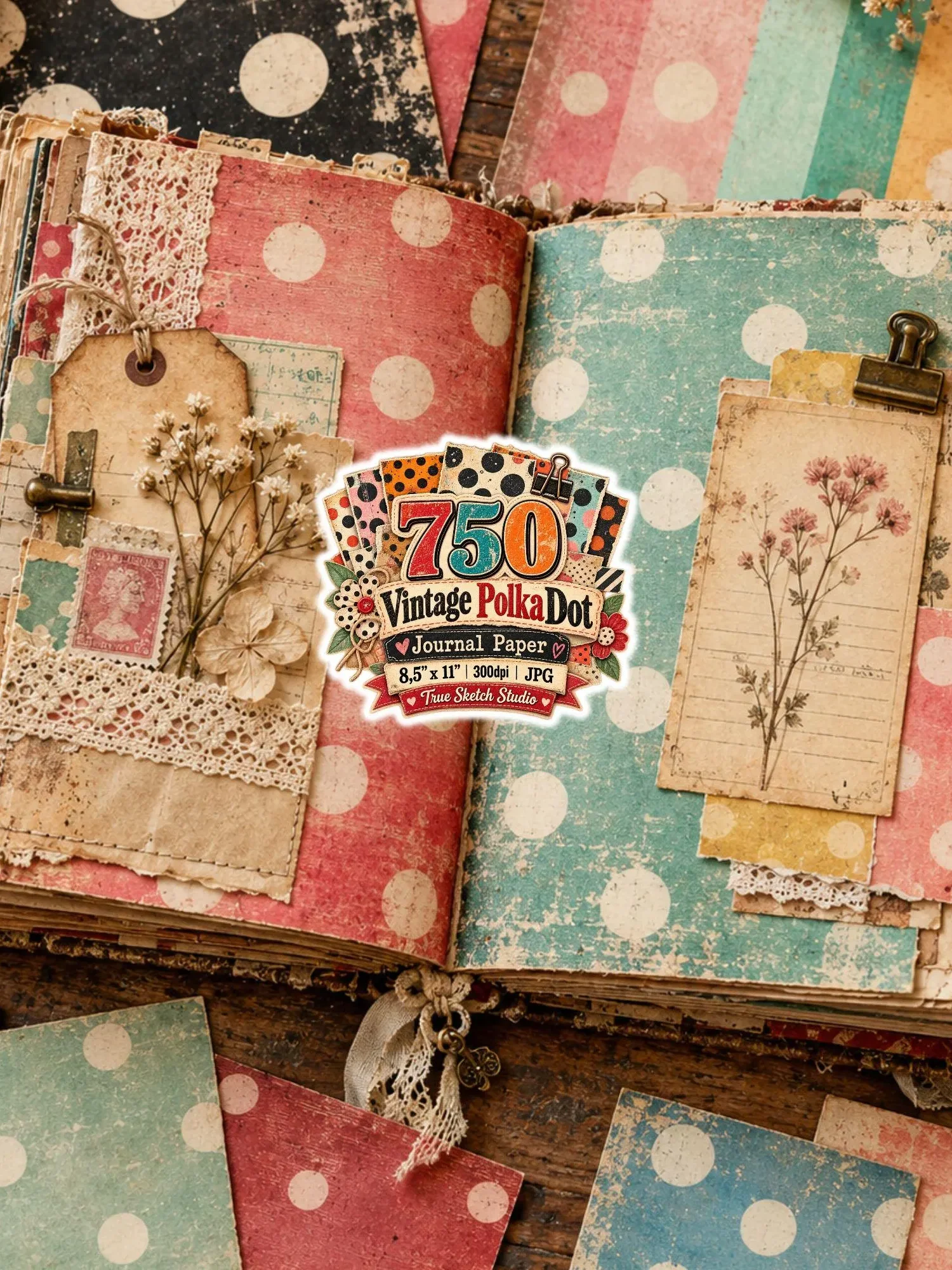 750 Vintage Polka Dot Digital Paper Bundle, Grunge Junk Journal Backgrounds, Retro Scrapbook Pages, US Letter 300DPI JPG, Printable Download product image (4)