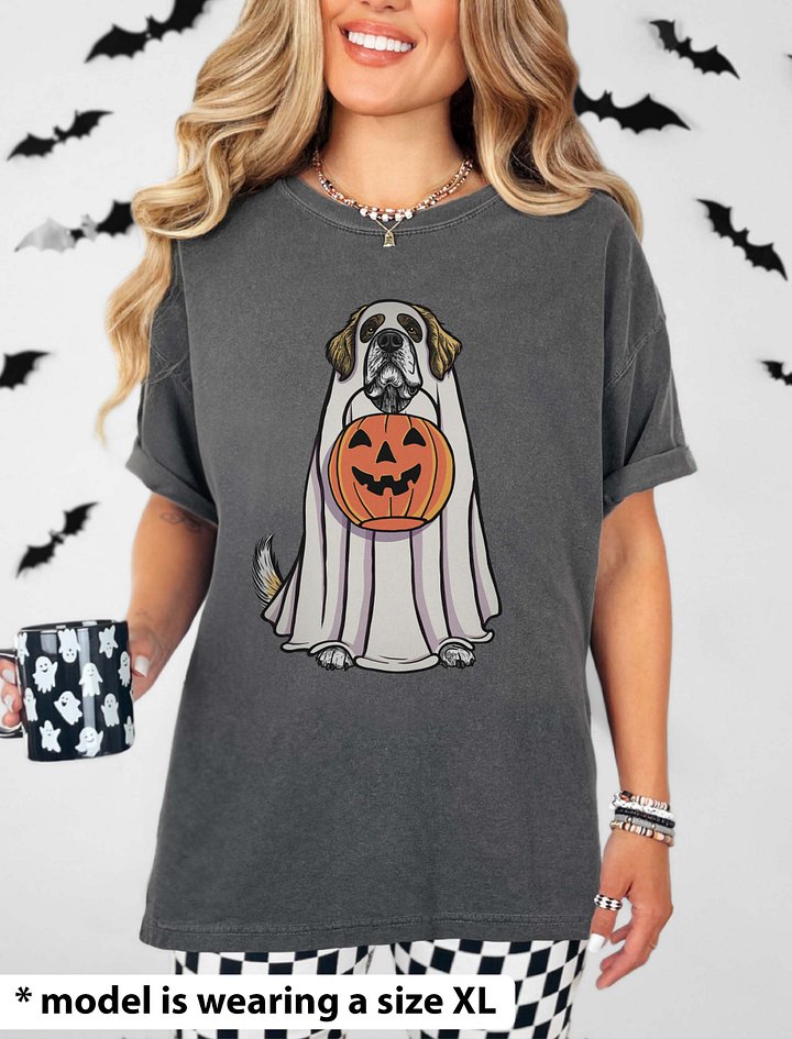Funny Halloween Saint Bernard(Yellow) T-Shirt | Funny Dog Wearing a Ghost Costume and Holding a Pumpkin Basket product image (2)