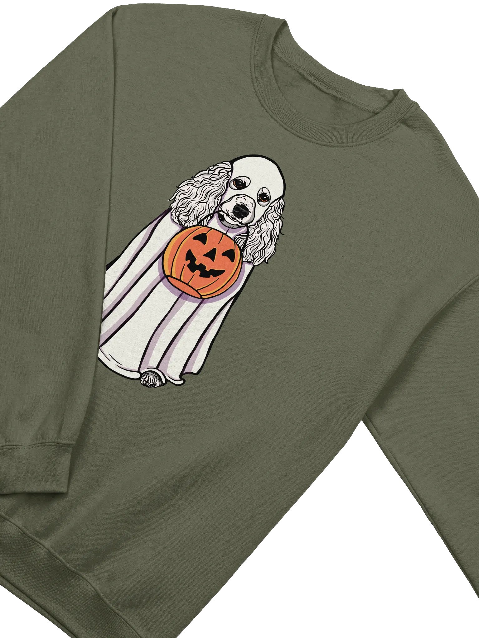 Funny Halloween Poodle(White) Sweatshirt | Funny Papillon Wearing a Ghost Costume and Holding a Pumpkin Basket product image (4)