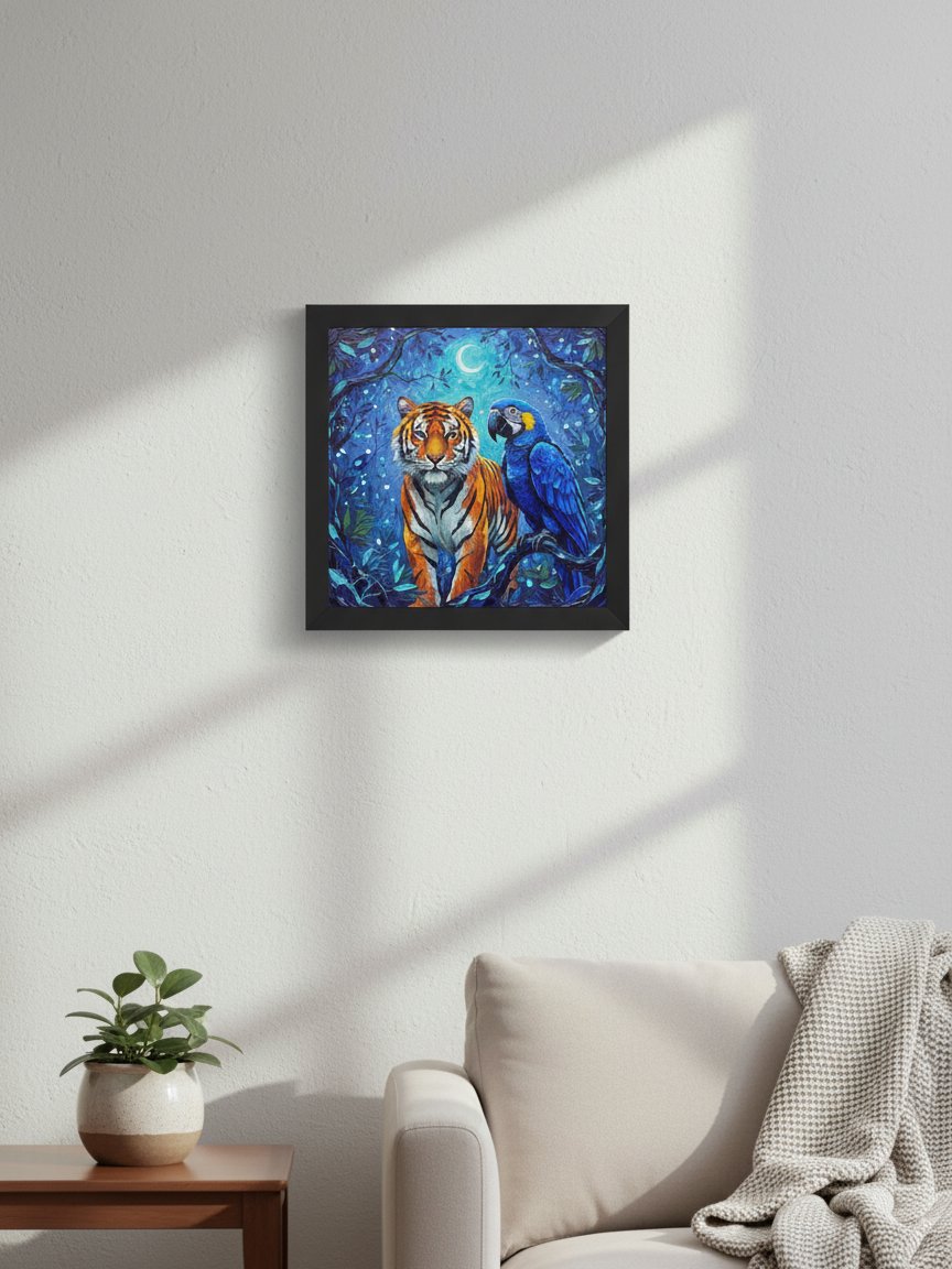 Elegant Tiger and Macaw Framed Wall Art, Luxe Tropical Wildlife Print product image (5)