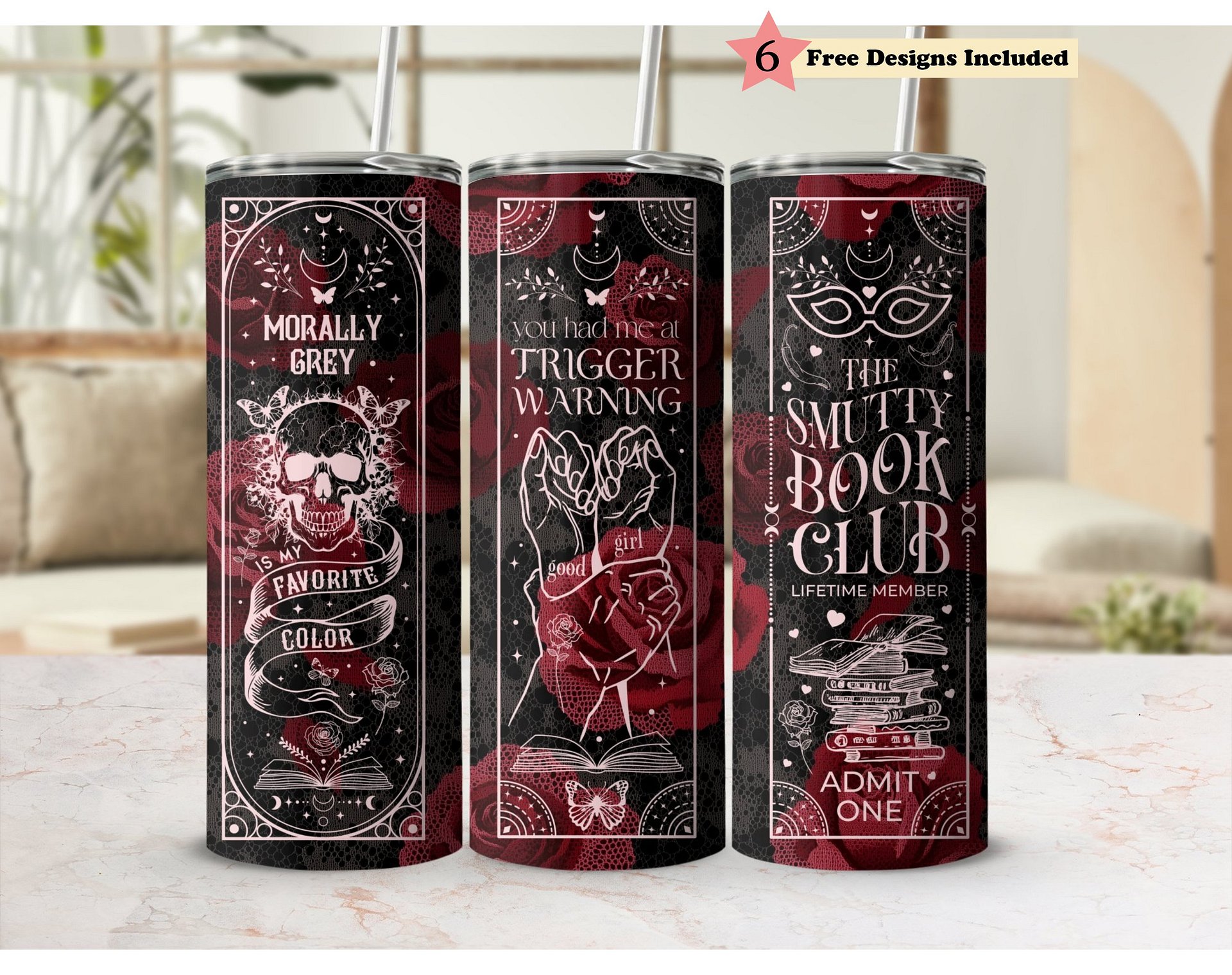 Skull Roses Black Red Smut Book Reader Dark Romance 20oz Tumbler Wrap PNG, Pink Morally Grey, Seamless Sublimation Design, Digital Download product image (1)
