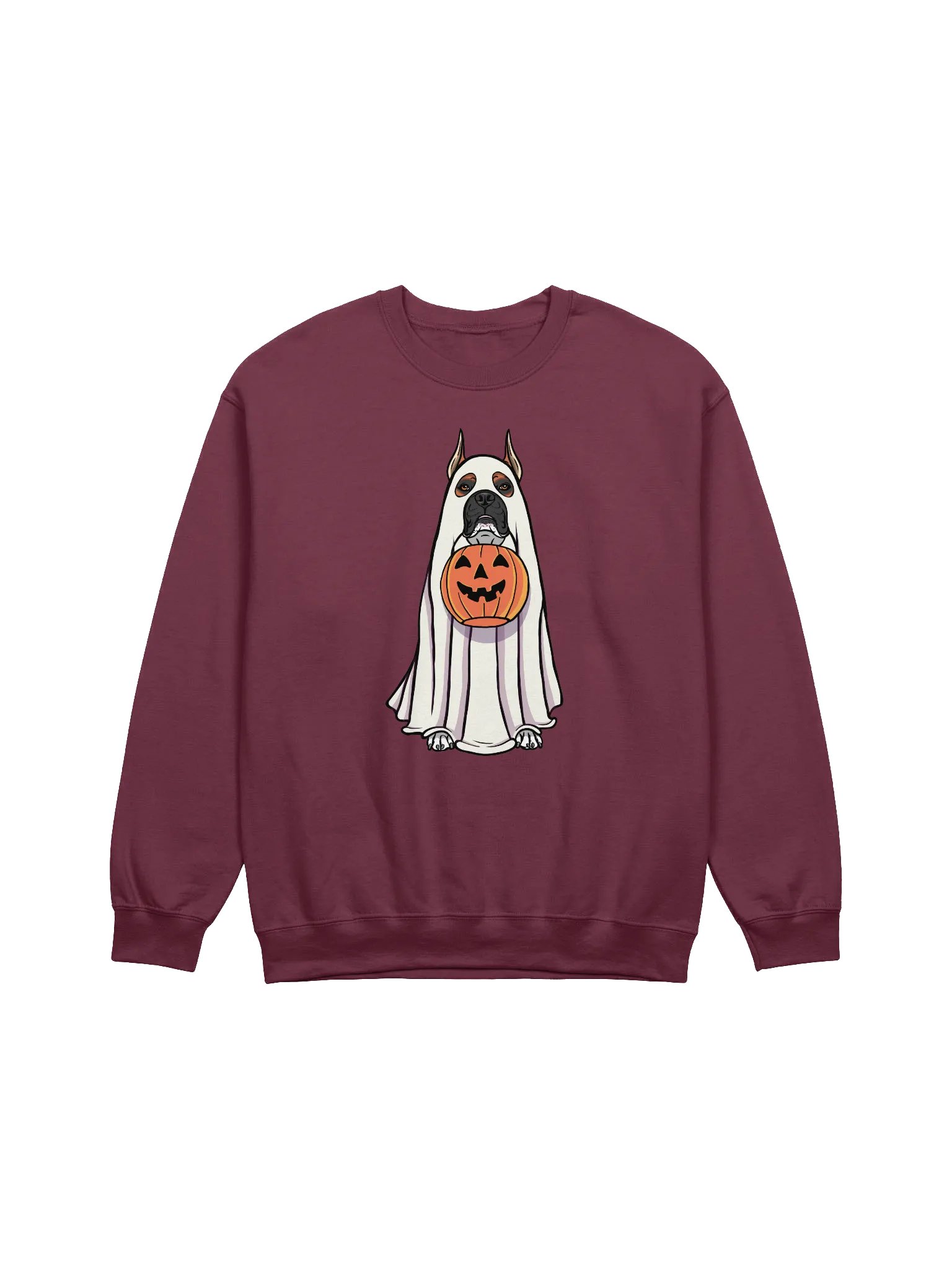 Funny Halloween Boxer Dog(Black Mask, Cropped Ears) Sweatshirt | Funny Boxer Wearing a Ghost Costume and Holding a Pumpkin Basket product image (1)