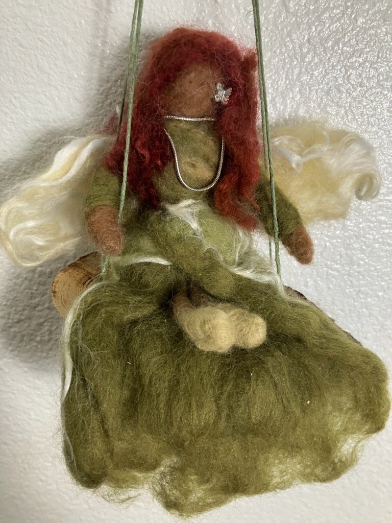 Hand-Felted Guardian Angel on Natural Wood Swing - Earthy Green Gown - Artisan Hanging Sculpture product image (8)