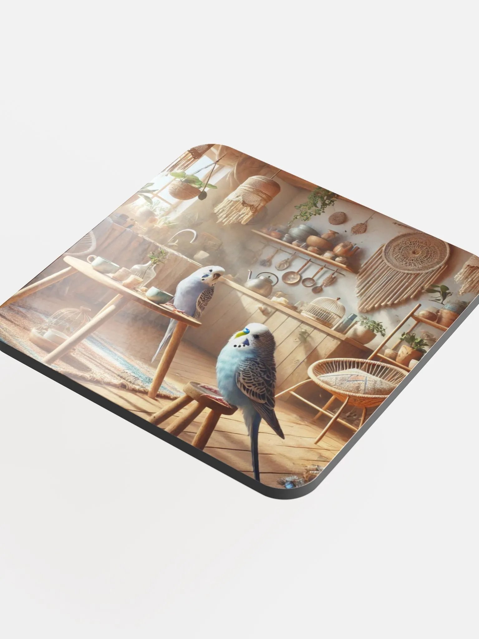 Perch & Sip – Glossed Cork Coaster with Parakeet Art 3 product image (4)