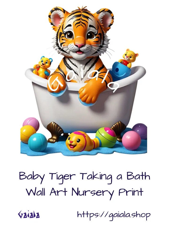 Baby Tiger Taking a Bath Kid Nursery Print Child Wall Art product image (1)