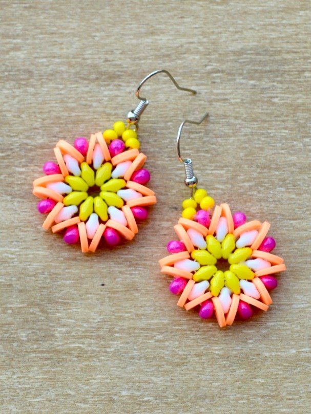 Orange Yellow Pink and White Beaded Flower Earrings Handmade product image (1)