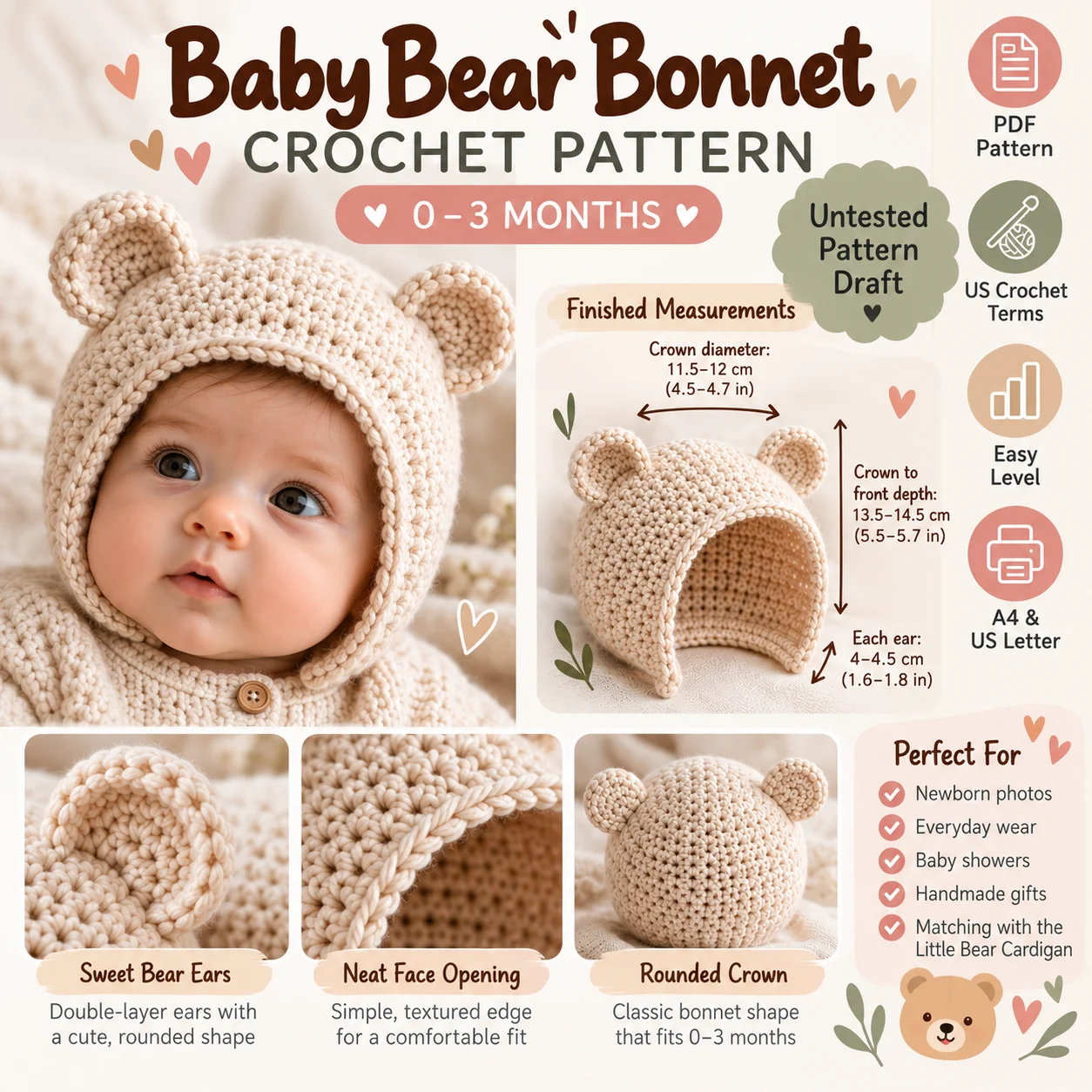 Baby Bear Bonnet Crochet Pattern PDF | 0–3 Months | Bear Ear Baby Hat product image (4)