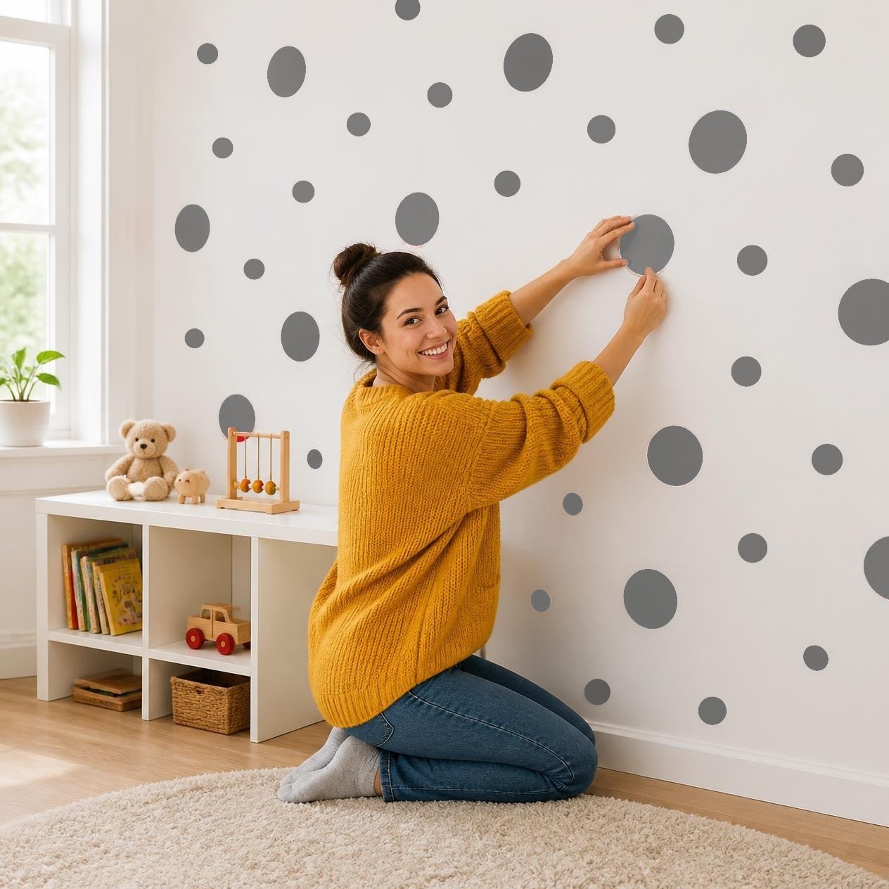 Grey Polka Dot Wall Decals, 2" and 4" Vinyl Circle Stickers, Removable Dot Decals for Nursery, Kids Room, Playroom product image (2)