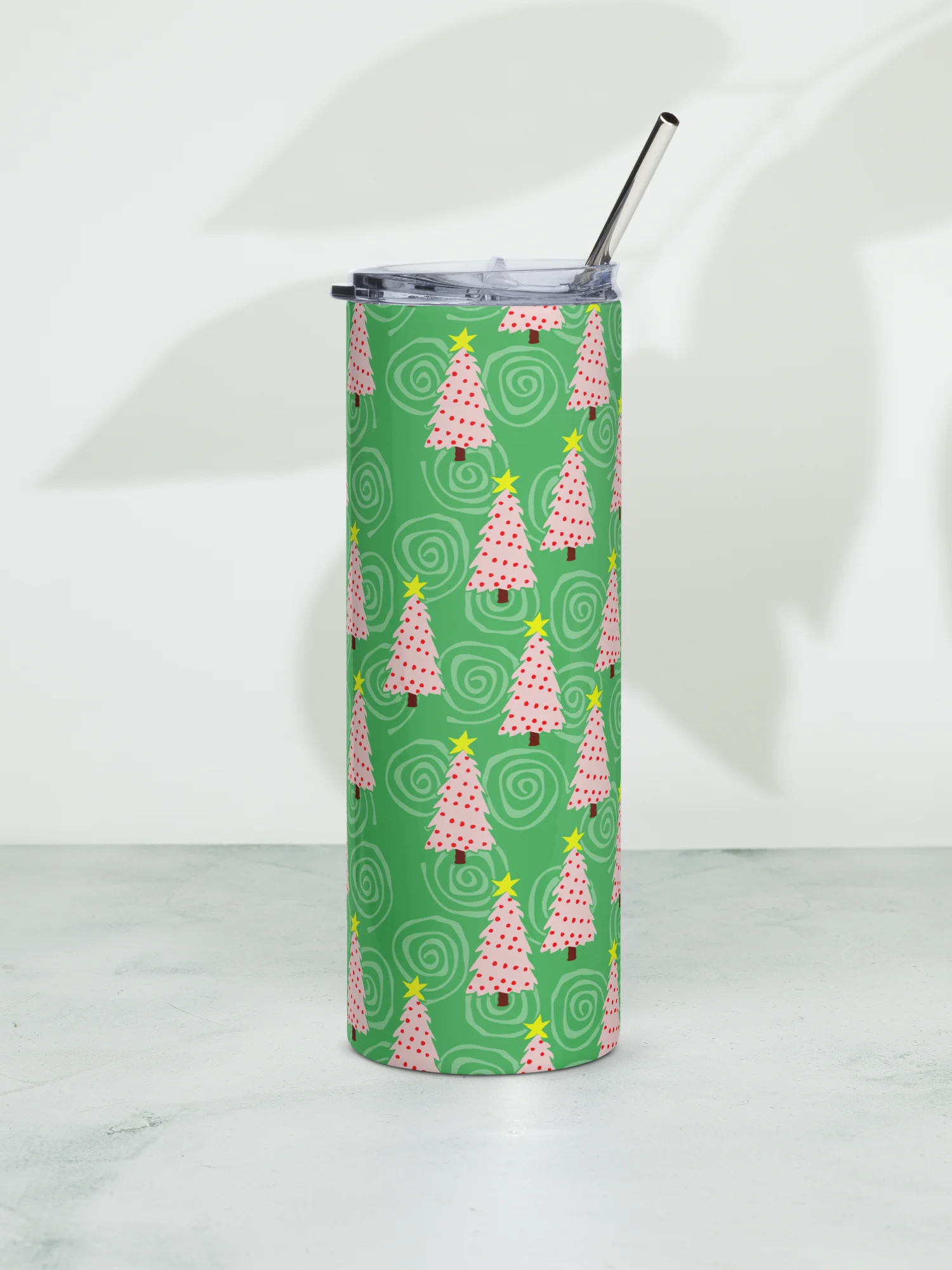 Pink Christmas Trees on Green Spirals Stainless Steel Tumbler with Straw product image (6)