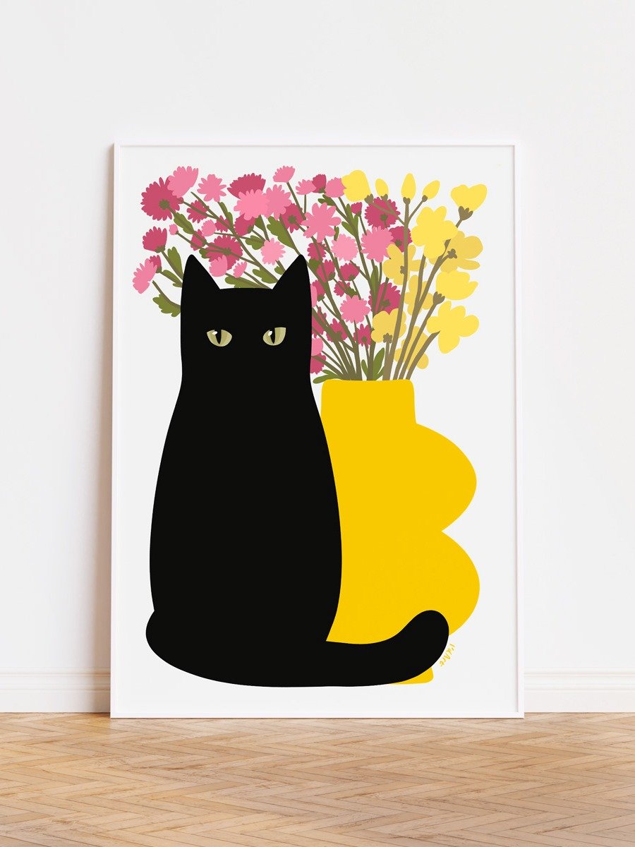 Black Cat Art Print with Flowers product image (1)