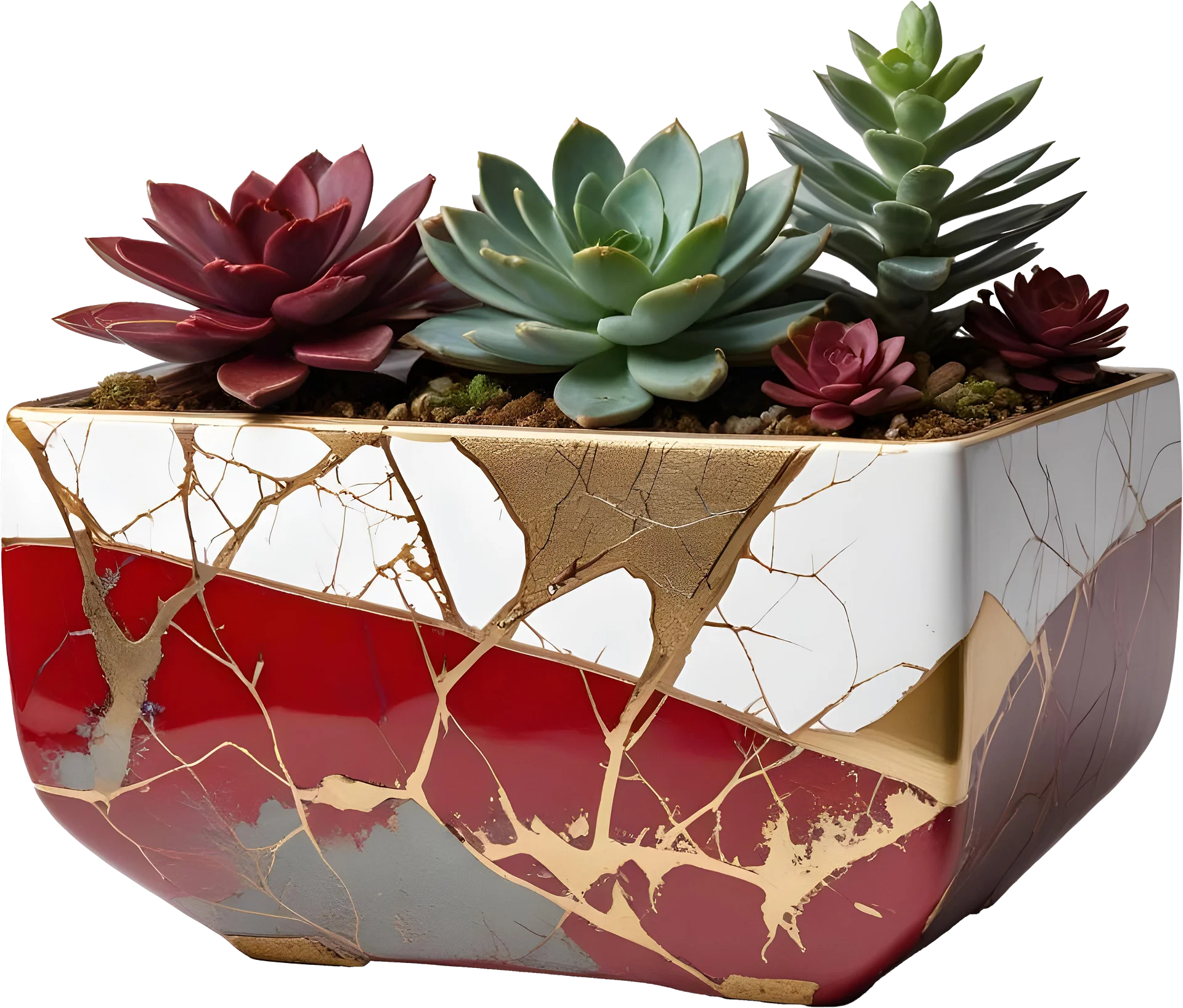 Kintsugi Harmony – Red and White Succulent Planter PNG product image (1)