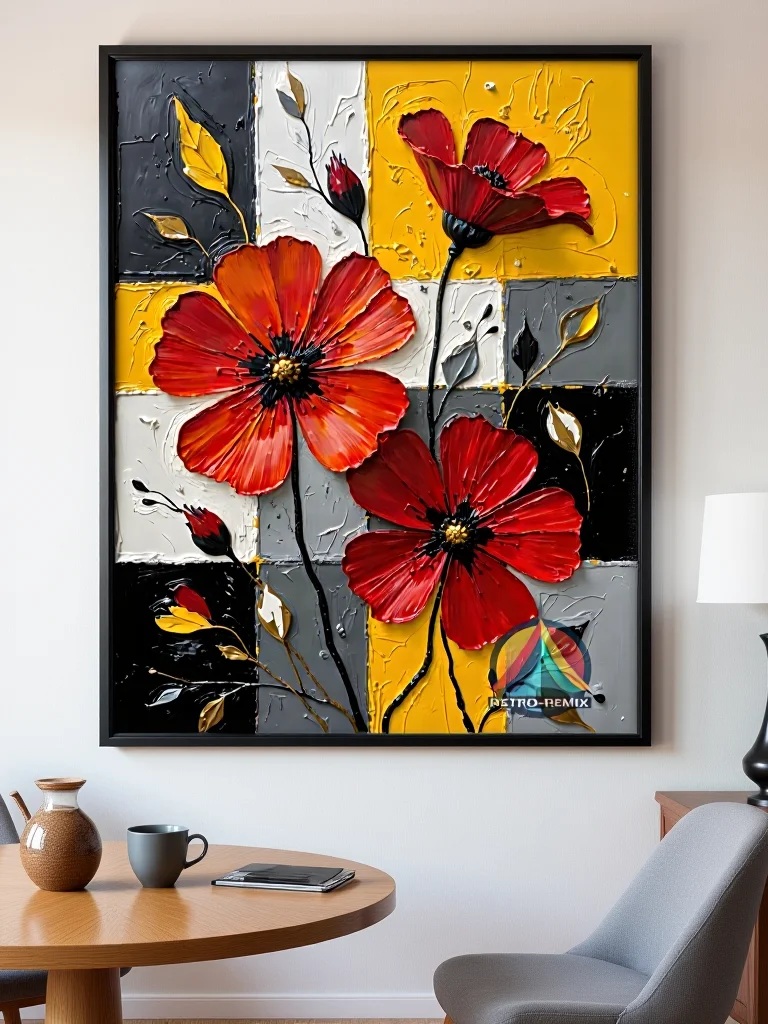 Bold Blooms & Retro Hues – Textured Floral Wall Art on Geometric Color Block Background product image (2)