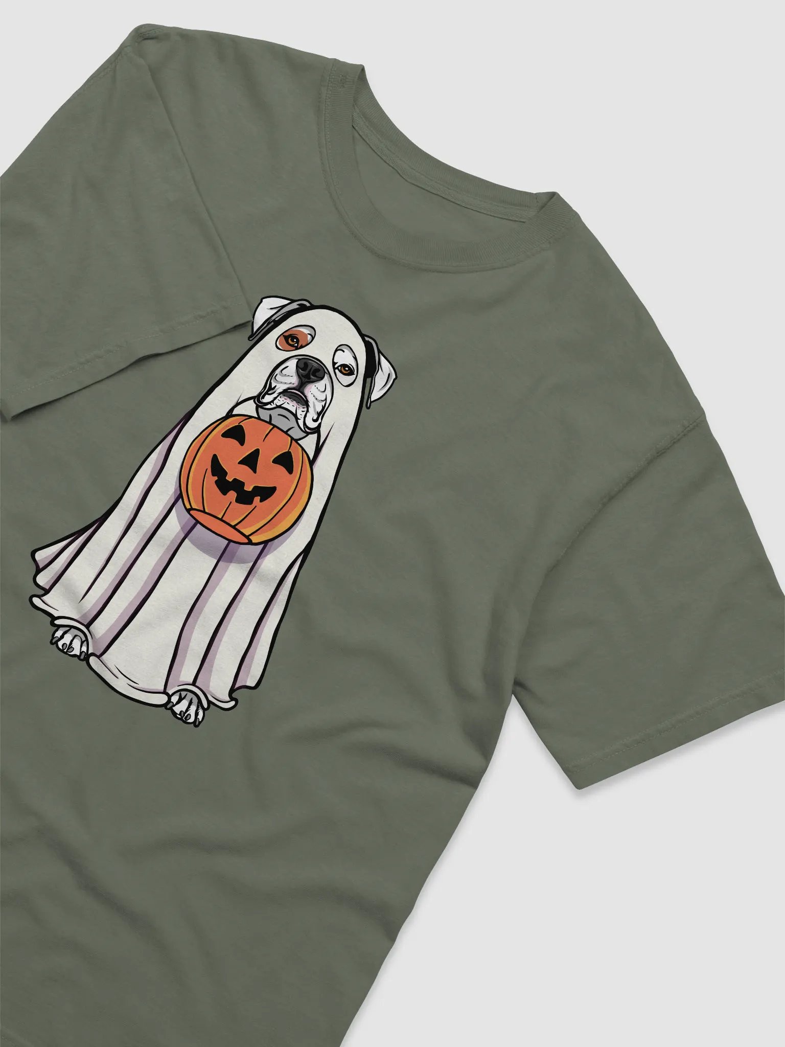 Funny Halloween Boxer(White) Dog T-Shirt | Funny Boxer Wearing a Ghost Costume and Holding a Pumpkin Basket product image (6)