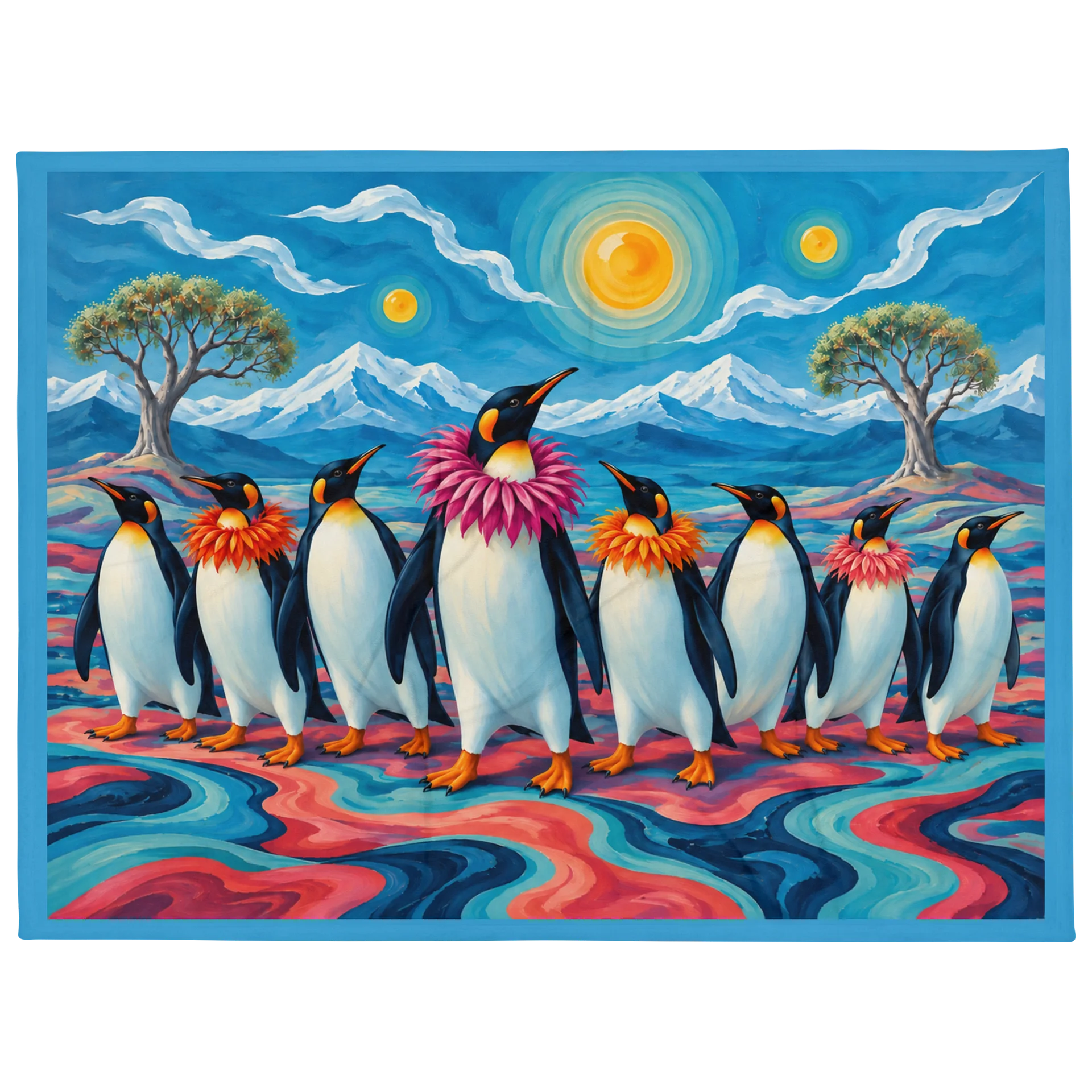 The Grand Penguin Procession – Surreal Floral Blanket product image (1)