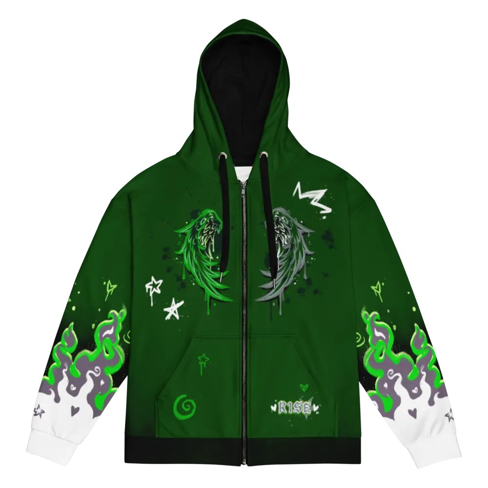 RISE Collection: Subtle Aromantic Pride Phoenix Zip Hoodie - GREEN product image (3)
