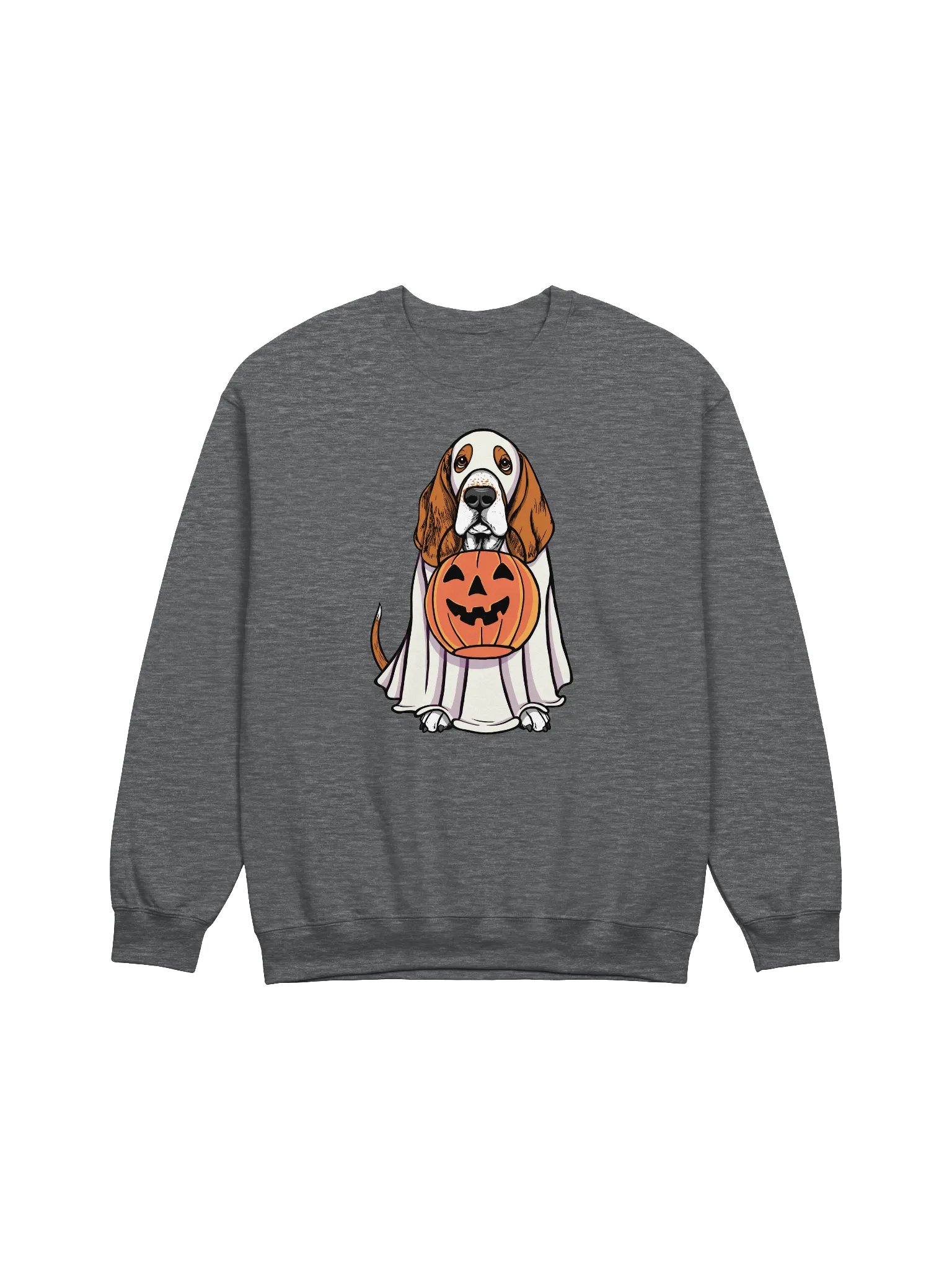 Funny Halloween Basset Hound Sweatshirt | Funny Basset Hound Wearing a Ghost Costume and Holding a Pumpkin Basket product image (1)