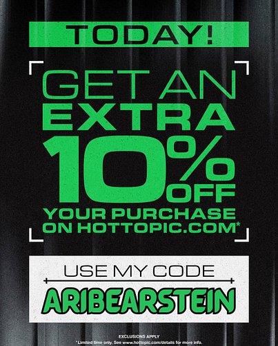 💚 TACOS 🌮

Use code ARIBEARSTEIN today only to get 10% off site wide on @hottopic 💚 Also, you all know how much I love Gir so...