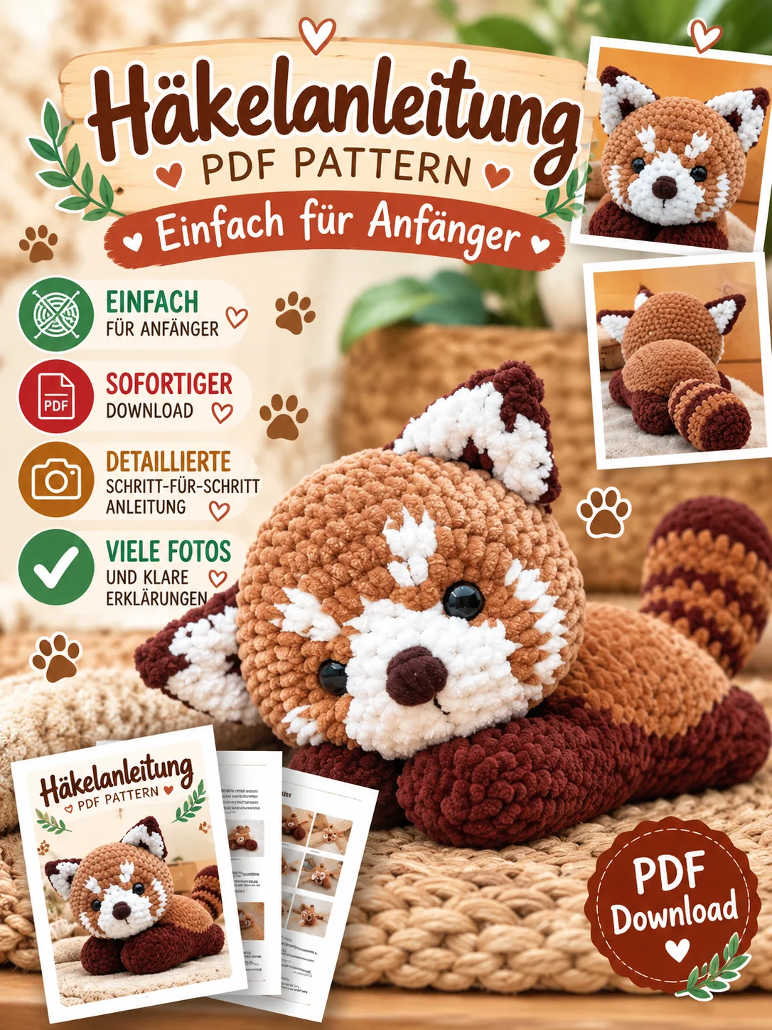 Roter Panda häkeln – Einfache Amigurumi PDF-Anleitung für Anfänger product image (1)