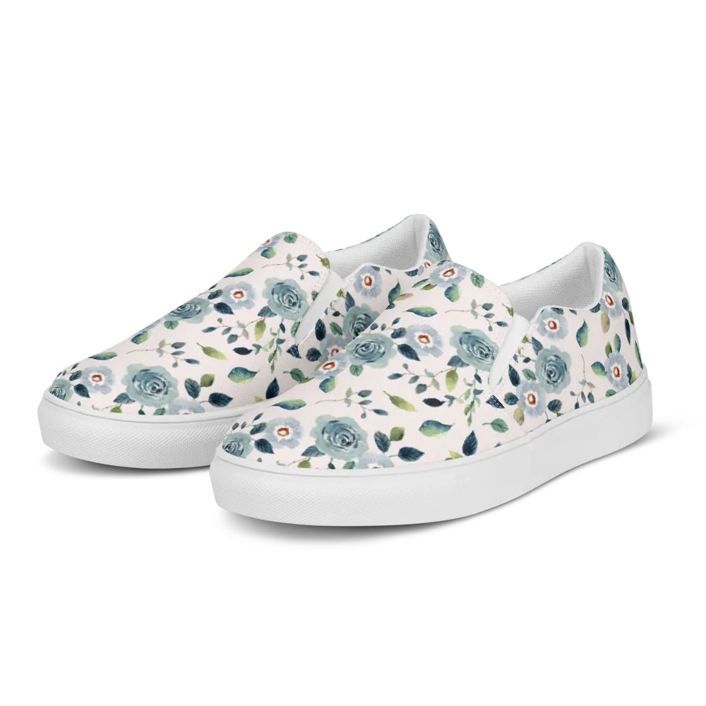 Floral Blue Flowers Pattern Womens Slip On Canvas Shoes product image (1)