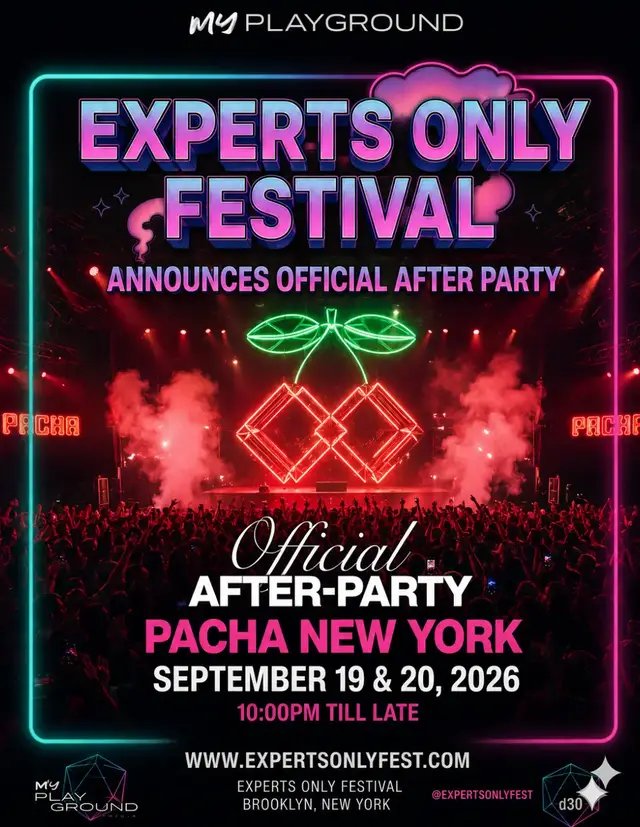 THE FESTIVAL DOESN’T END WHEN THE MUSIC STOPS… 👀🔥 @Experts Only Festival OFFICIAL AFTER-PARTY  🍒 @Pacha NYC Official  📅 SEPT 19 & 20, 2026 ⏰ 10PM → LATE Two nights. One legendary NYC dance floor. 🪩🔥 Lineups + ticket info coming soon. Stay locked. EXPERTS ONLY PREPARTY  🌃 @Marquee New York  📅 Sept 19, 2026 🎶 @Max Styler  #pachanyc #expertsonly #expertsonlyfestival #afterparty #myplaygroundmedia 
