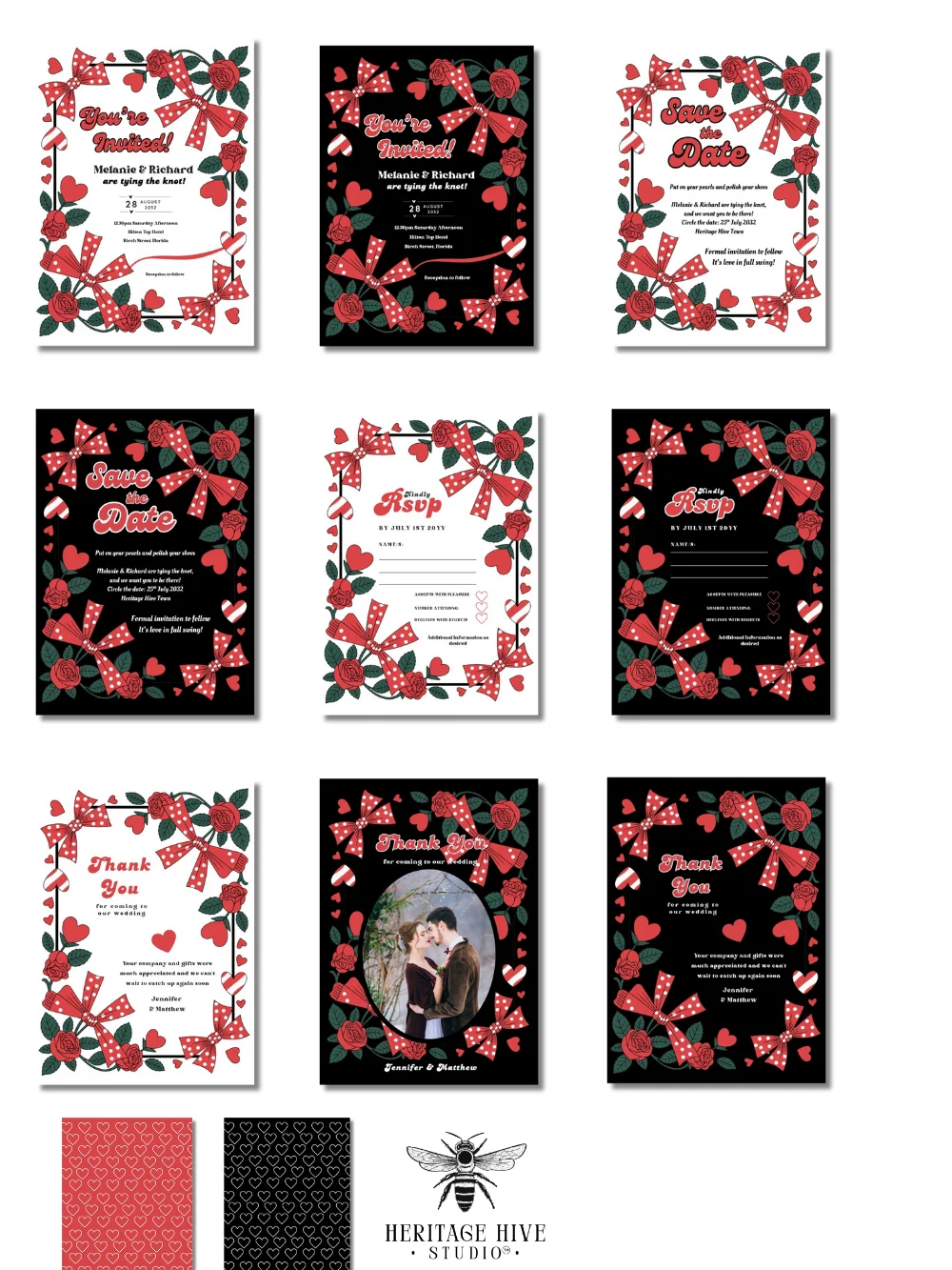 Editable Retro Wedding Invitations | Edit in Canva | Instant Download Template | Roackabilly Red Black Polka Dot Bows product image (2)