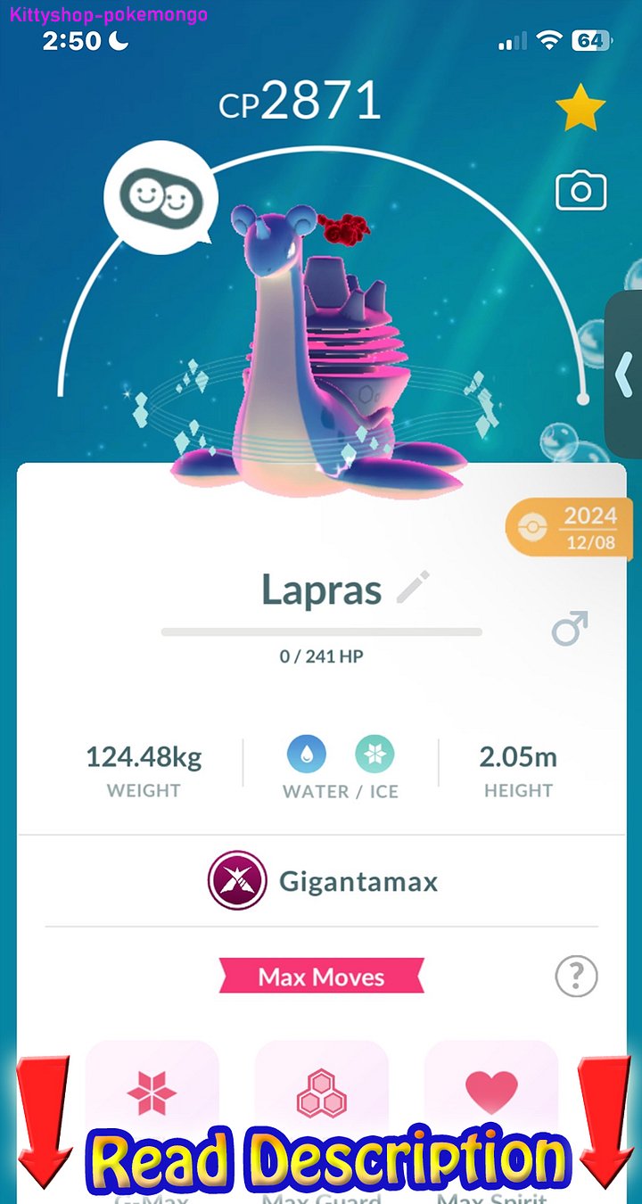 🟢Level 50 Gigantamax Lapras MAXED with 3 Move Trade go Fast Shipping ✅ product image (1)