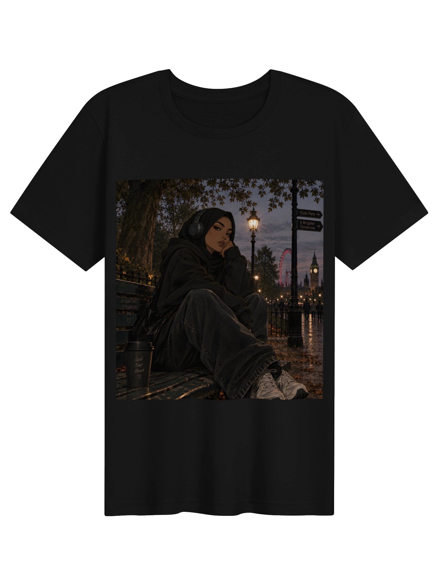 London Hijabi Girl Printed Unisex T-Shirt in Black | Muslim Illustrated Graphic Tee product image (1)